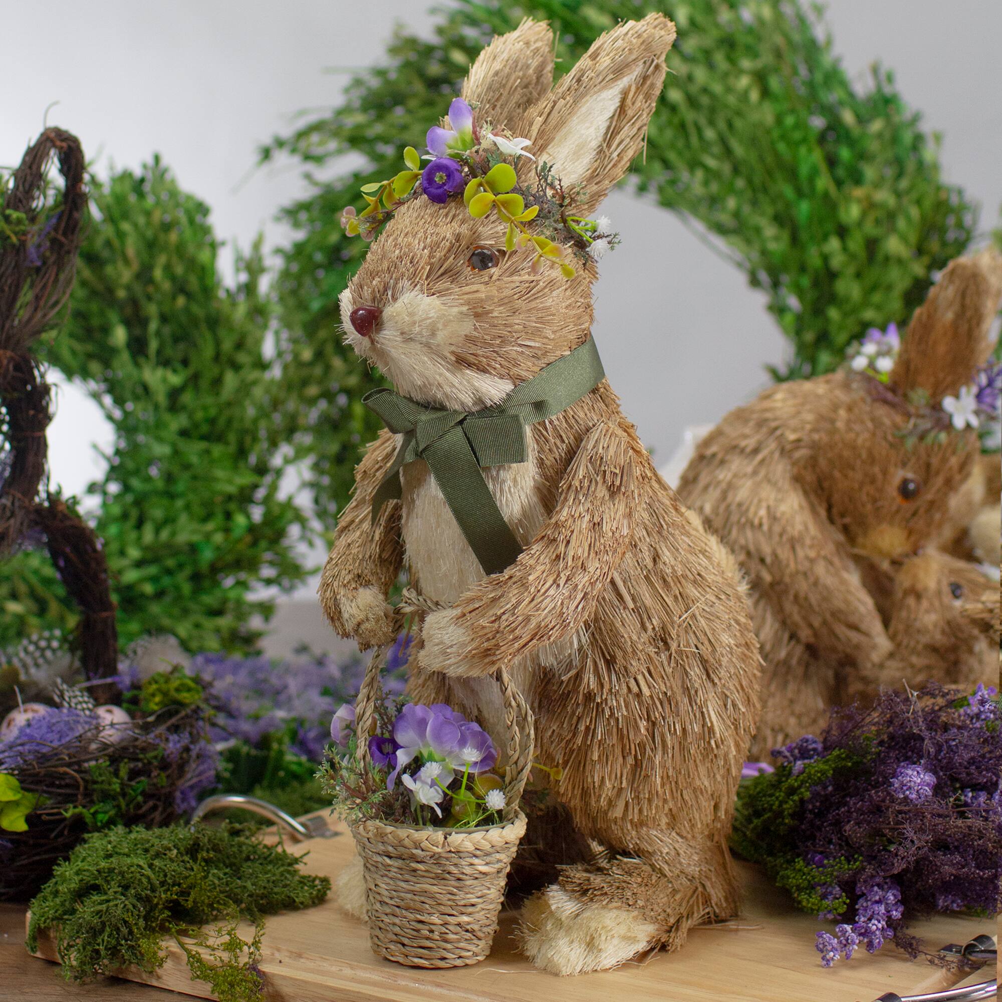 15" Brown Sisal Bunny Rabbit with Basket Easter Figure
