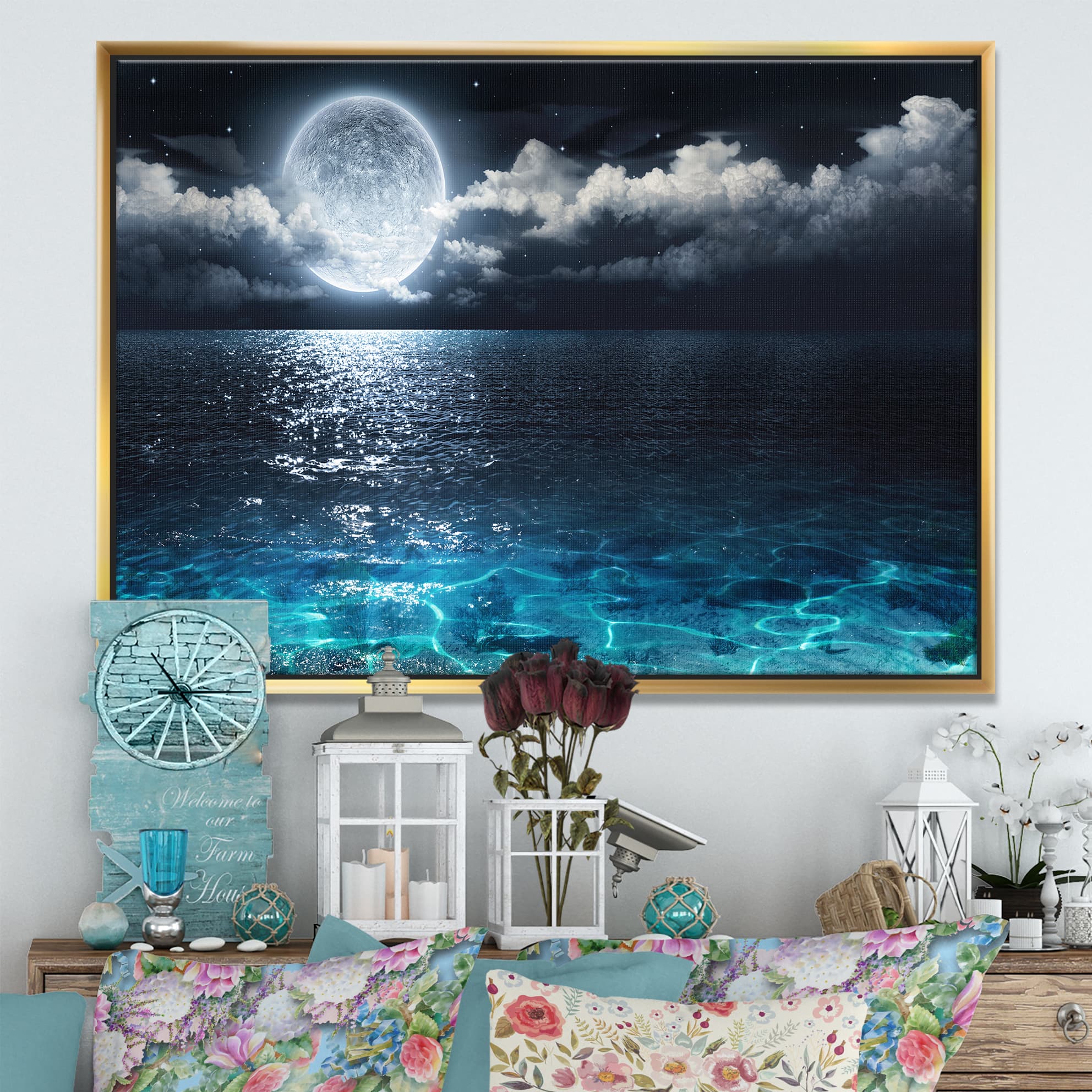 Designart - Romantic Full Moon Over Sea - Seascape Framed Canvas Art Print