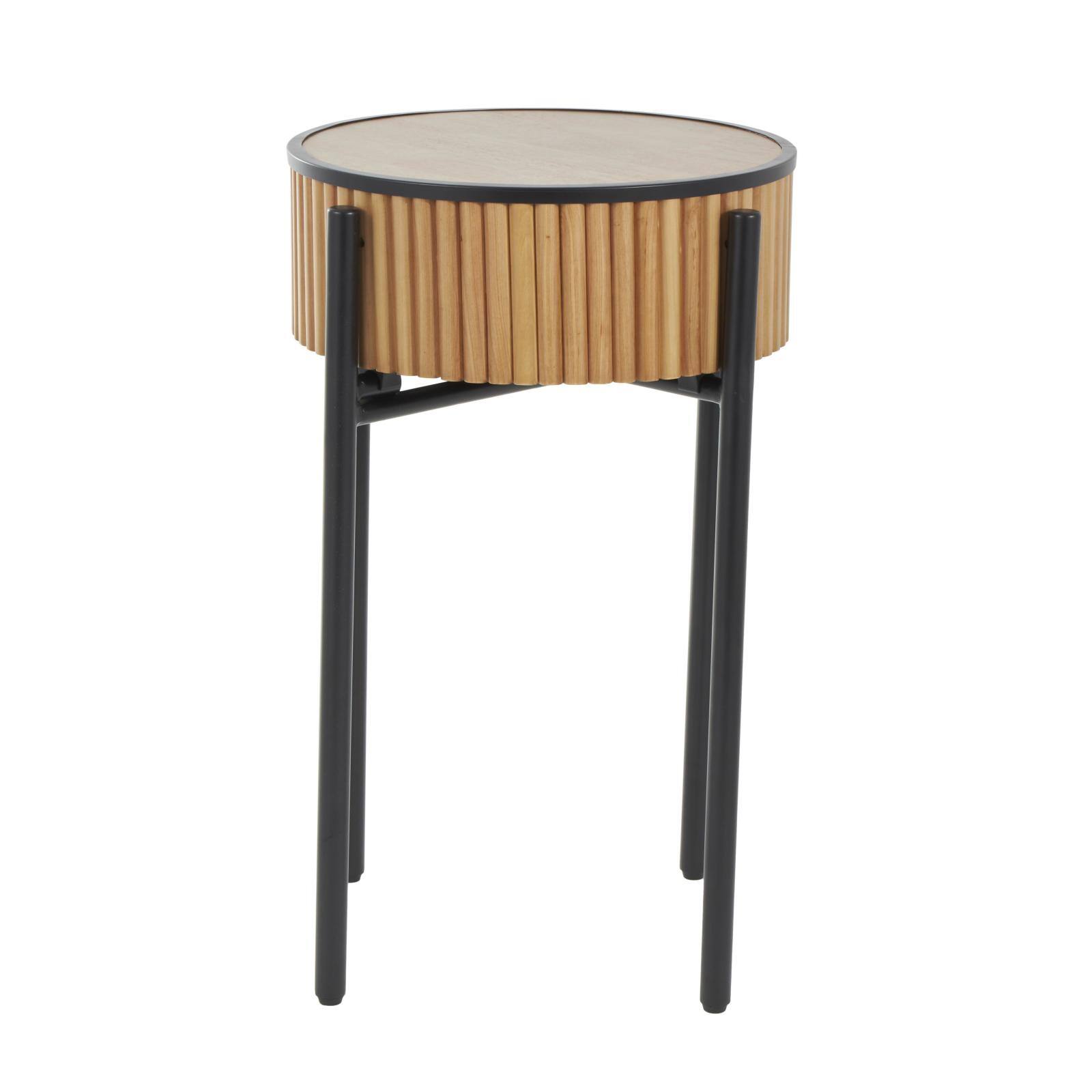 26.5" Brown Wood Handmade Slatted Side End Accent Table with Black Legs