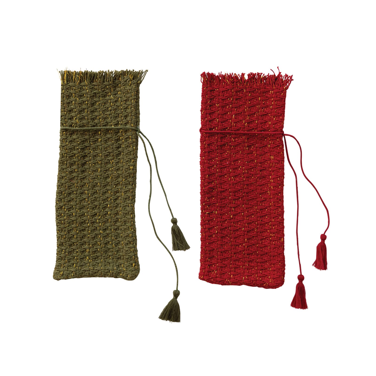 Hello Honey Green & Red Woven Cotton Wine Bag with Metallic Gold Thread & Tassels, 2ct.