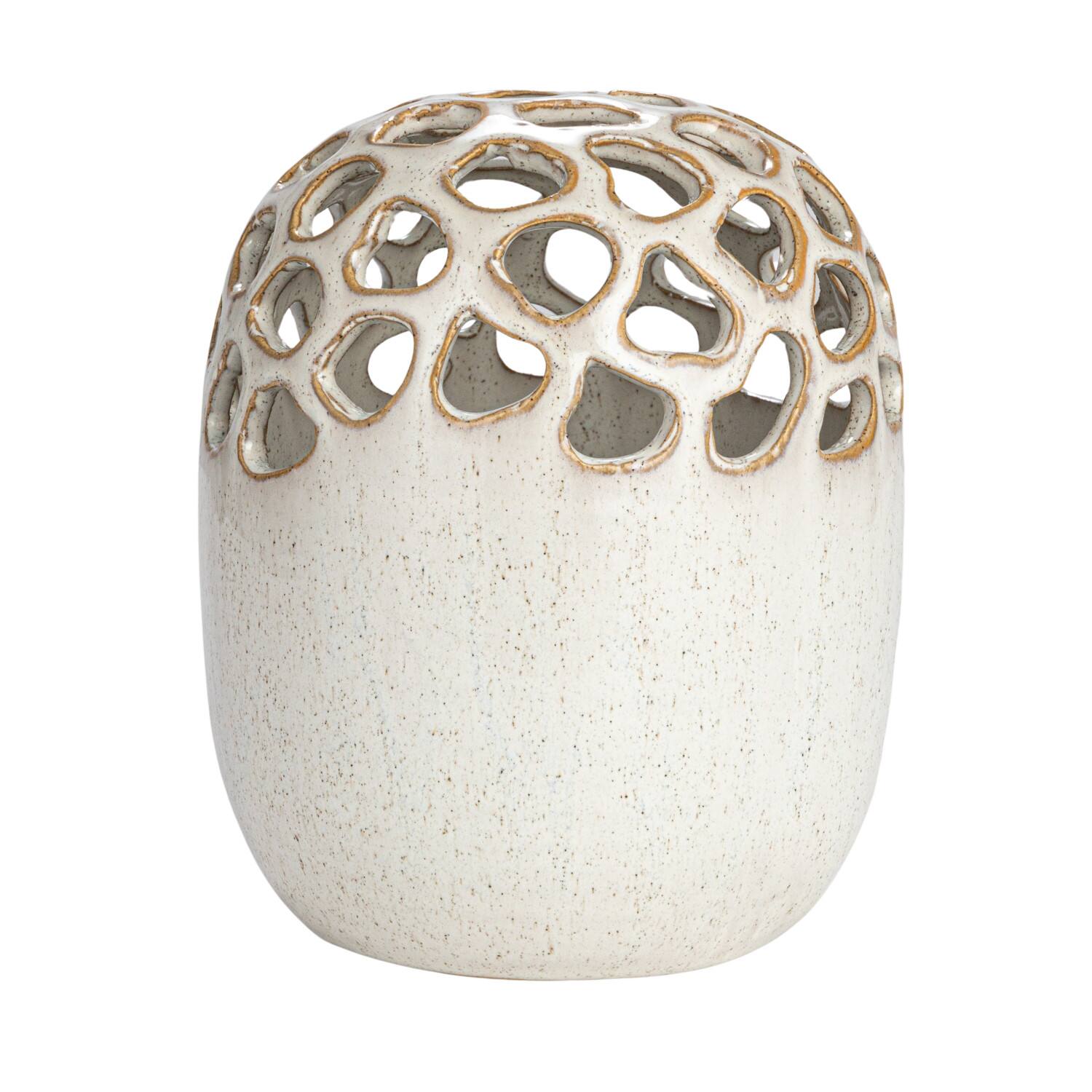 7.5&#x22; Cream Stoneware Flower Frog Vase with Reactive Glaze