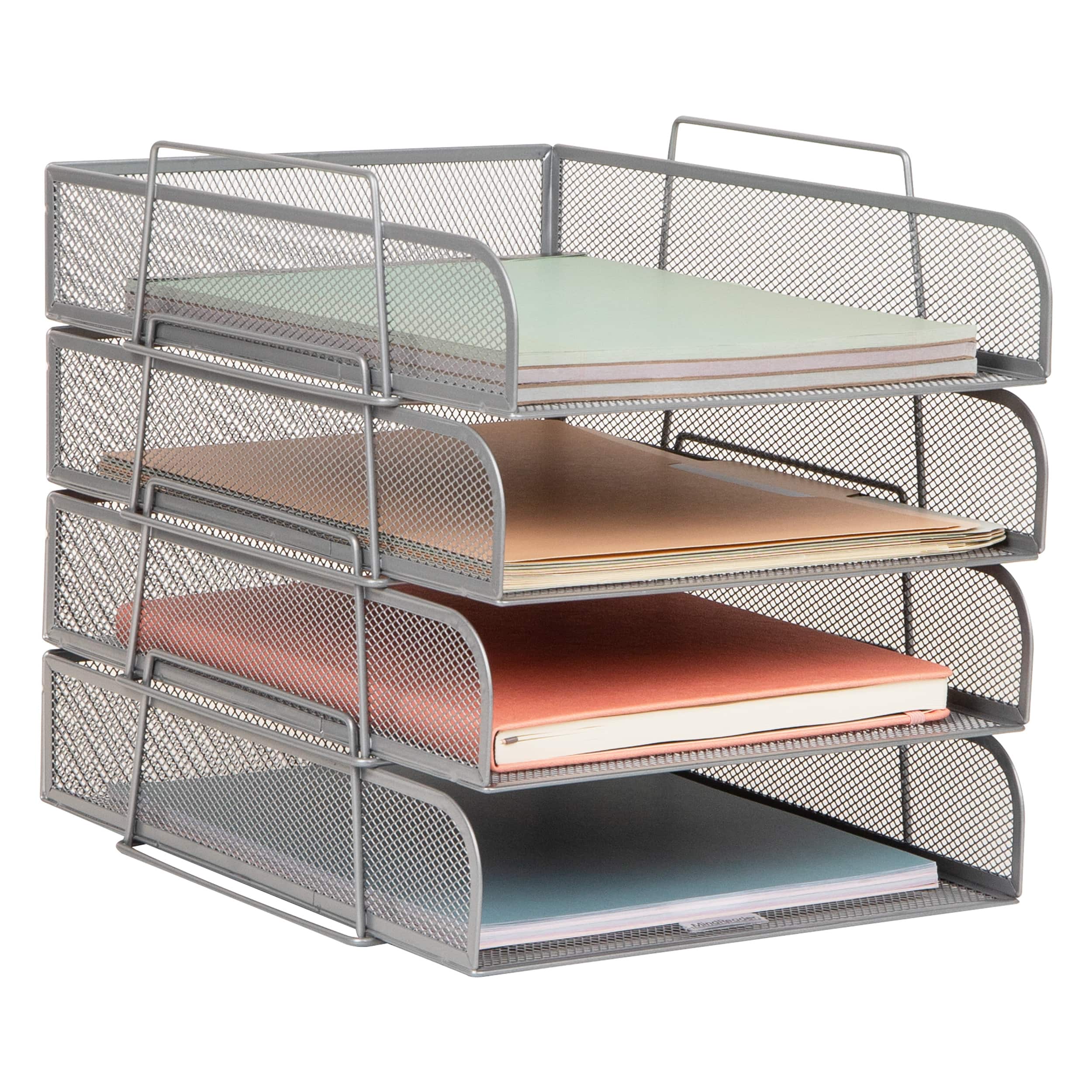 Mind Reader Stackable Paper Tray, Desktop Organizer, File Storage, Office, Metal Mesh, 4 Pcs., SIlver