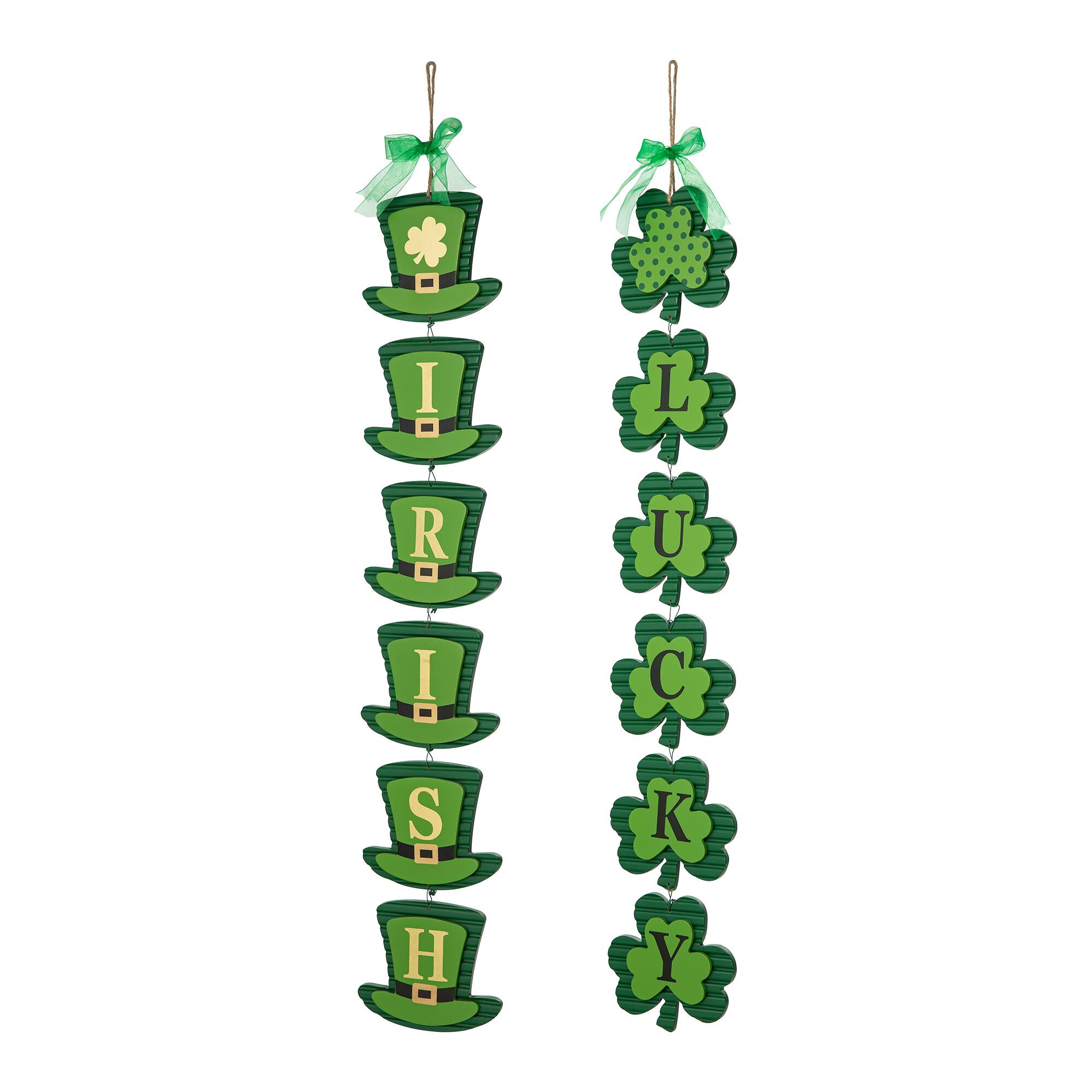 Glitzhome&#xAE; 30&#x22; Set of 2 St. Patrick&#x27;s Wooden Shamrock / Leprechaun Hats Door Hanger