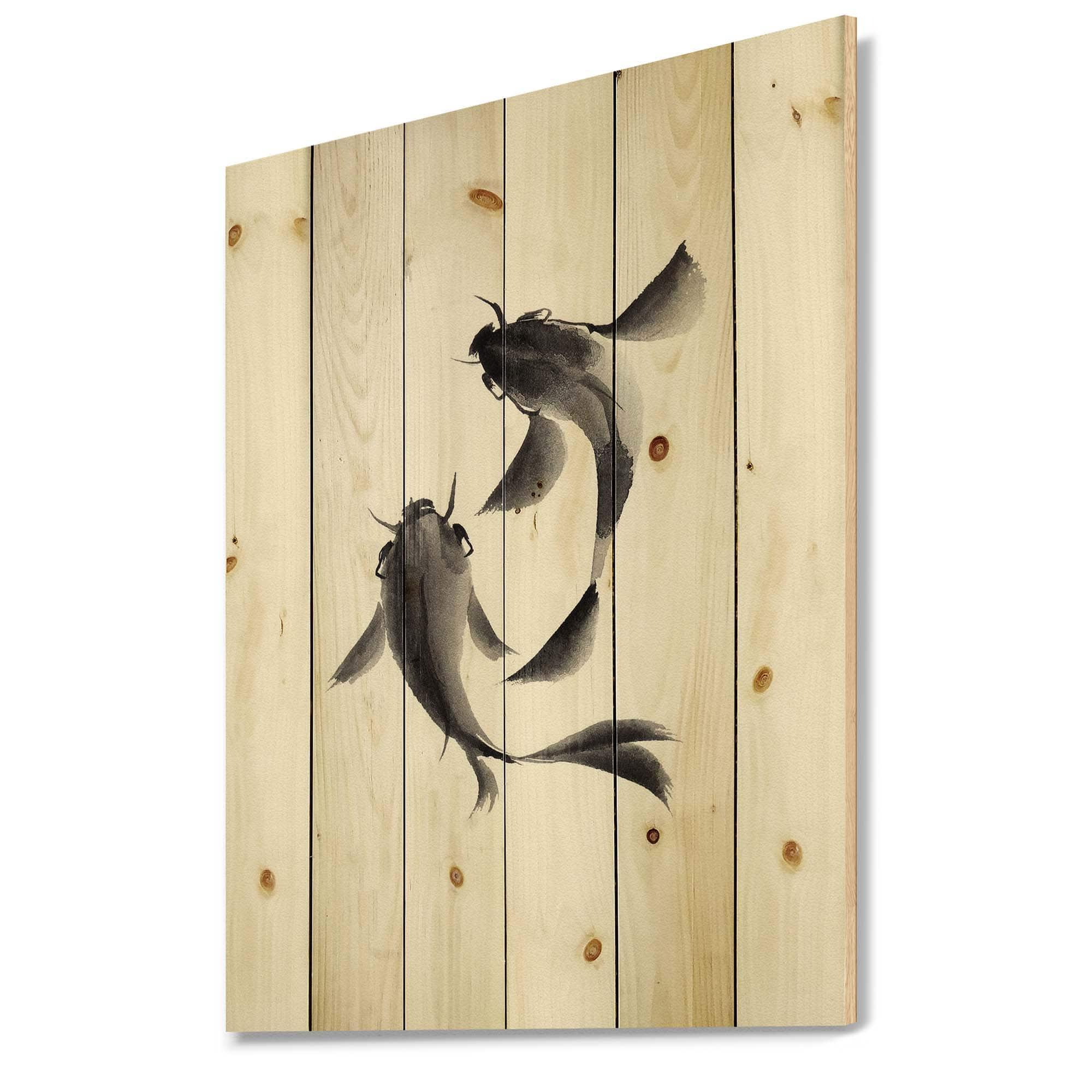 Designart - Monochrome Vintage Fish II - Nautical & Coastal Print on Natural Pine Wood