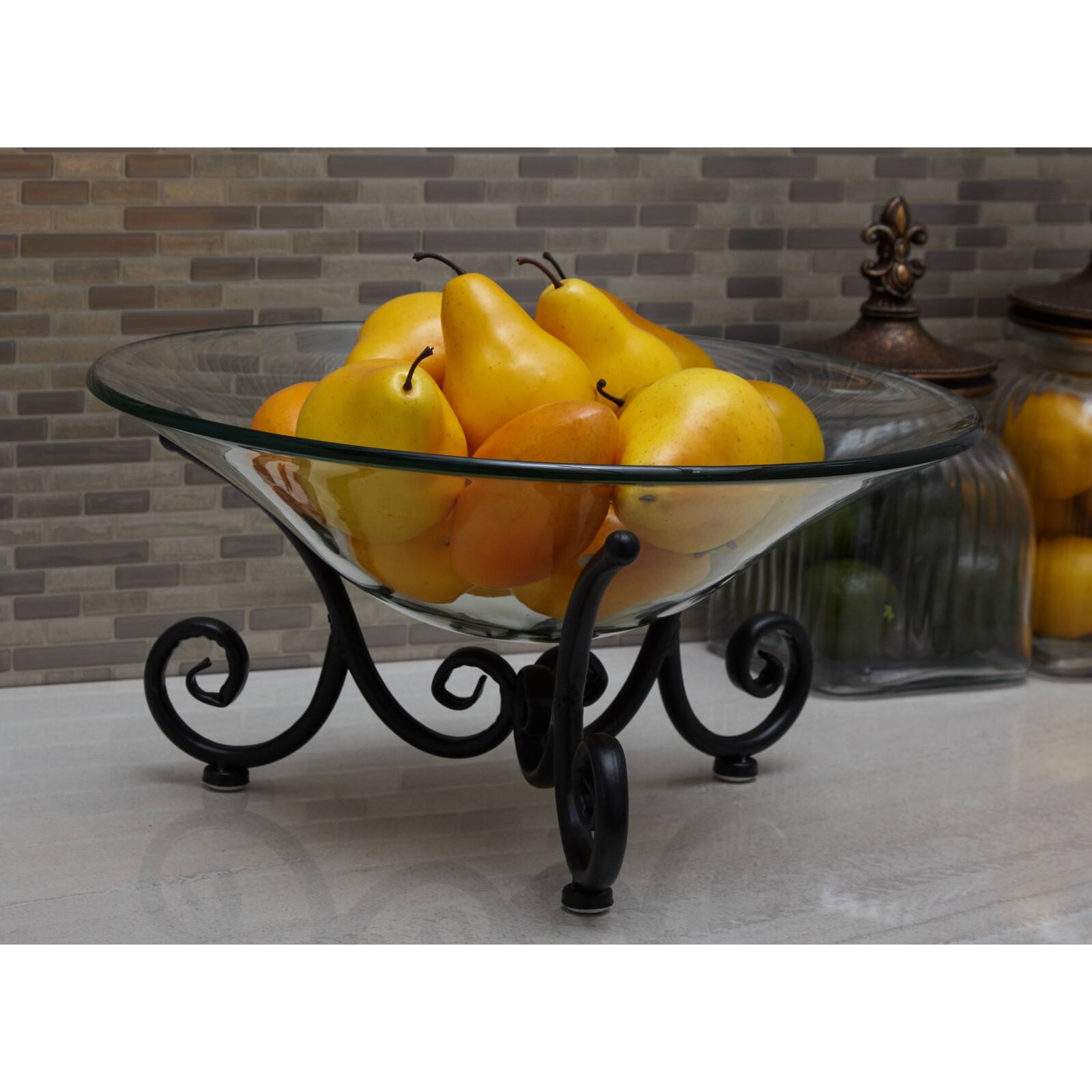 Clear Glass and Metal Traditional Serving Bowl, 8" x 17" x 17"