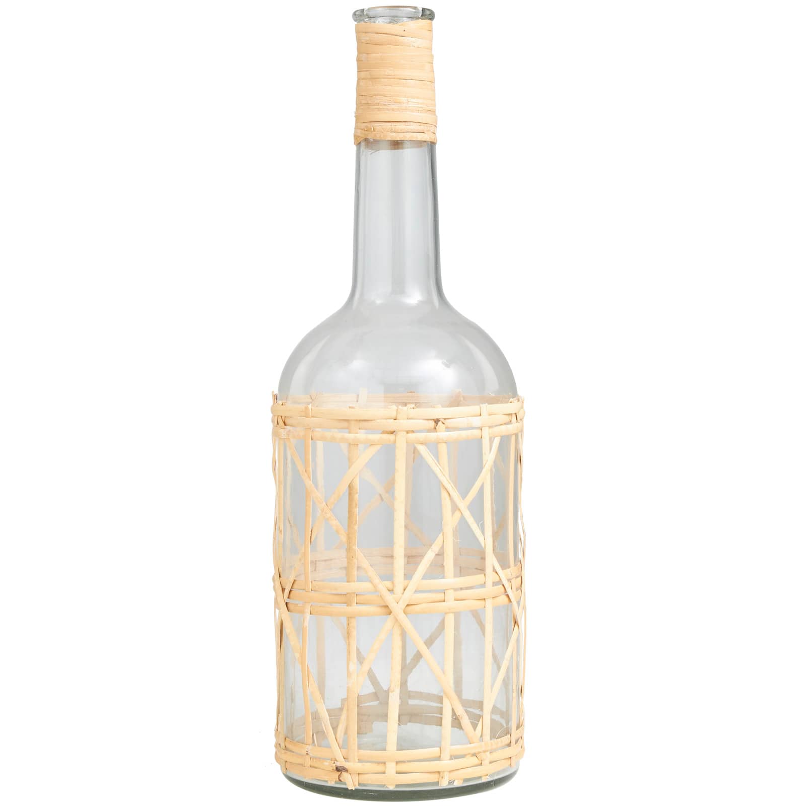 19" Clear Glass Handmade Vase with Light Brown Rattan Woven Body & Neck