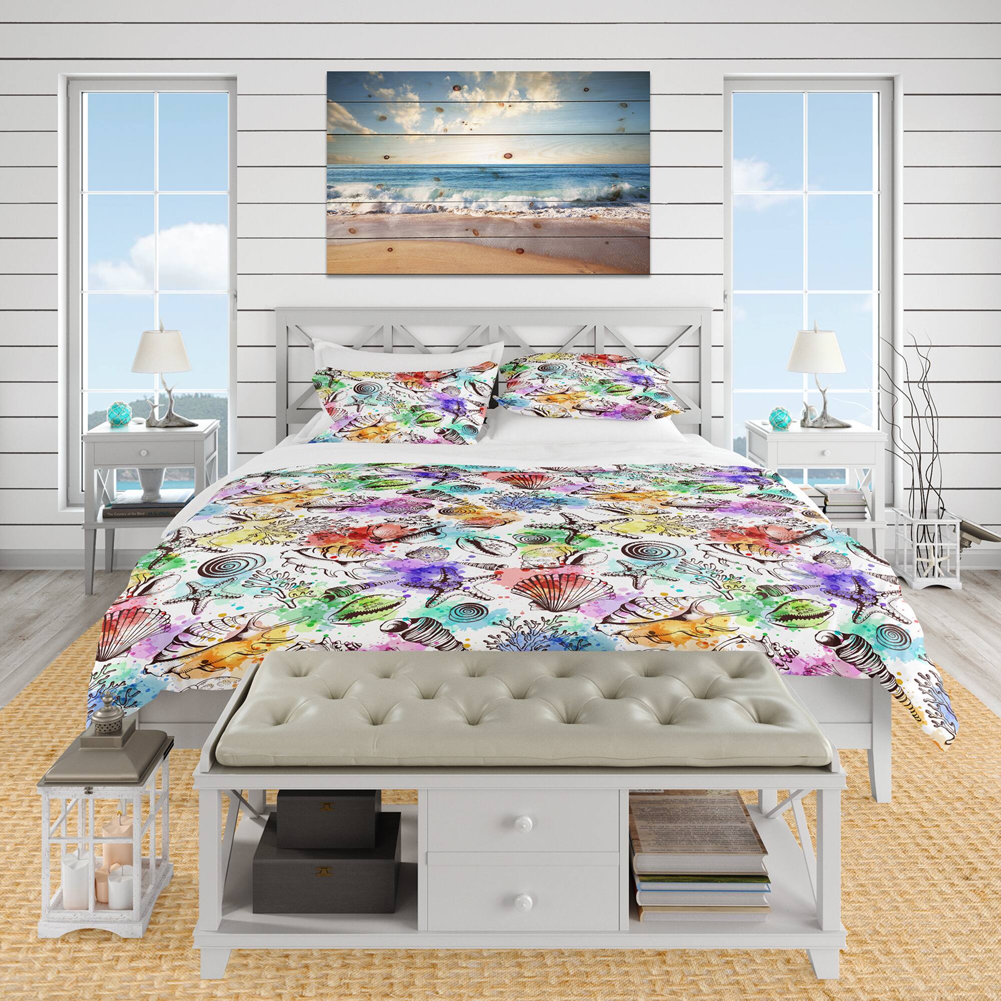 Designart &#x27;Modern Seashells Pattern&#x27; Nautical &#x26; Coastal Bedding Set - Duvet Cover &#x26; Shams