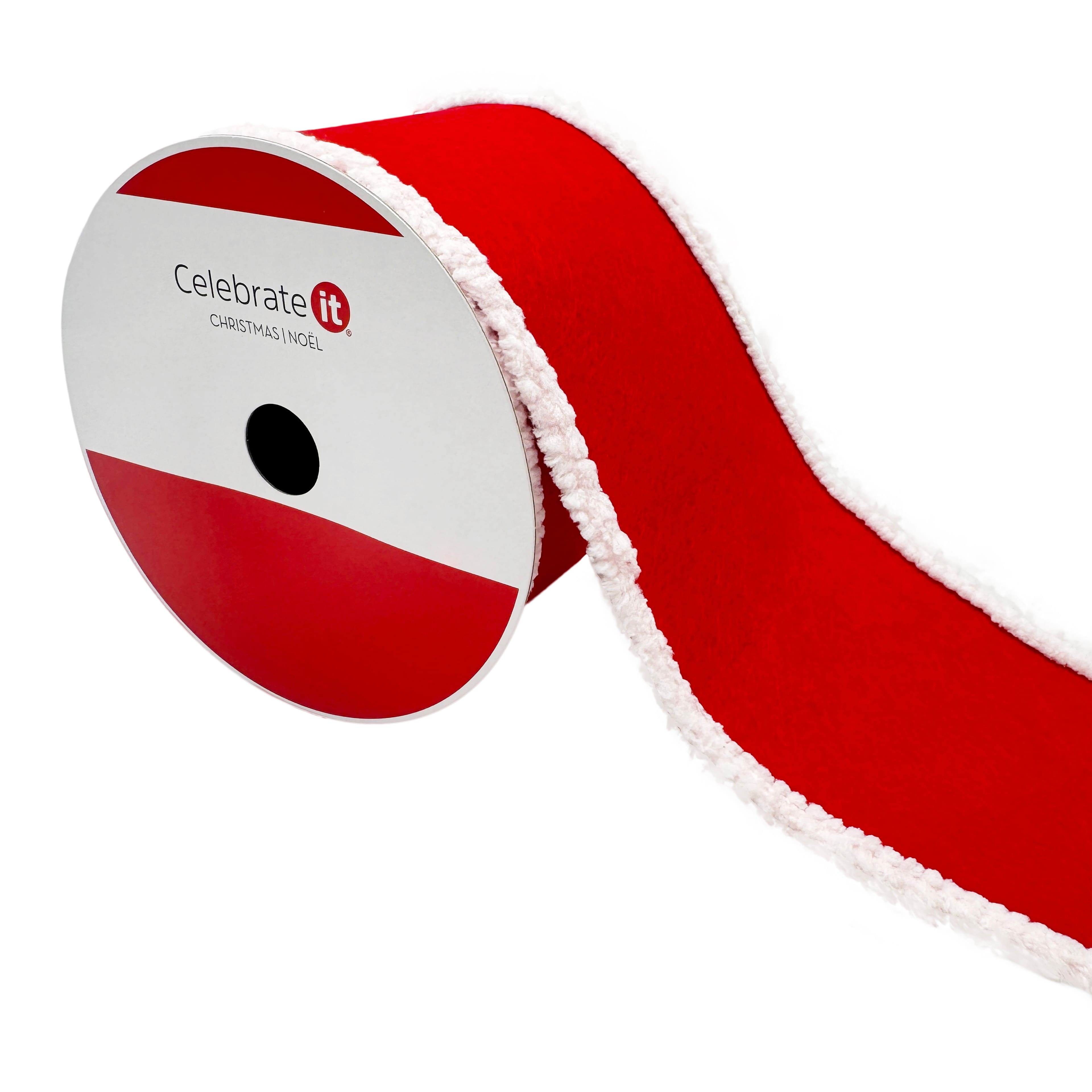 3.5&#x22; x 18ft. Red &#x26; White Santa Fur Wired Ribbon by Celebrate It&#xAE;