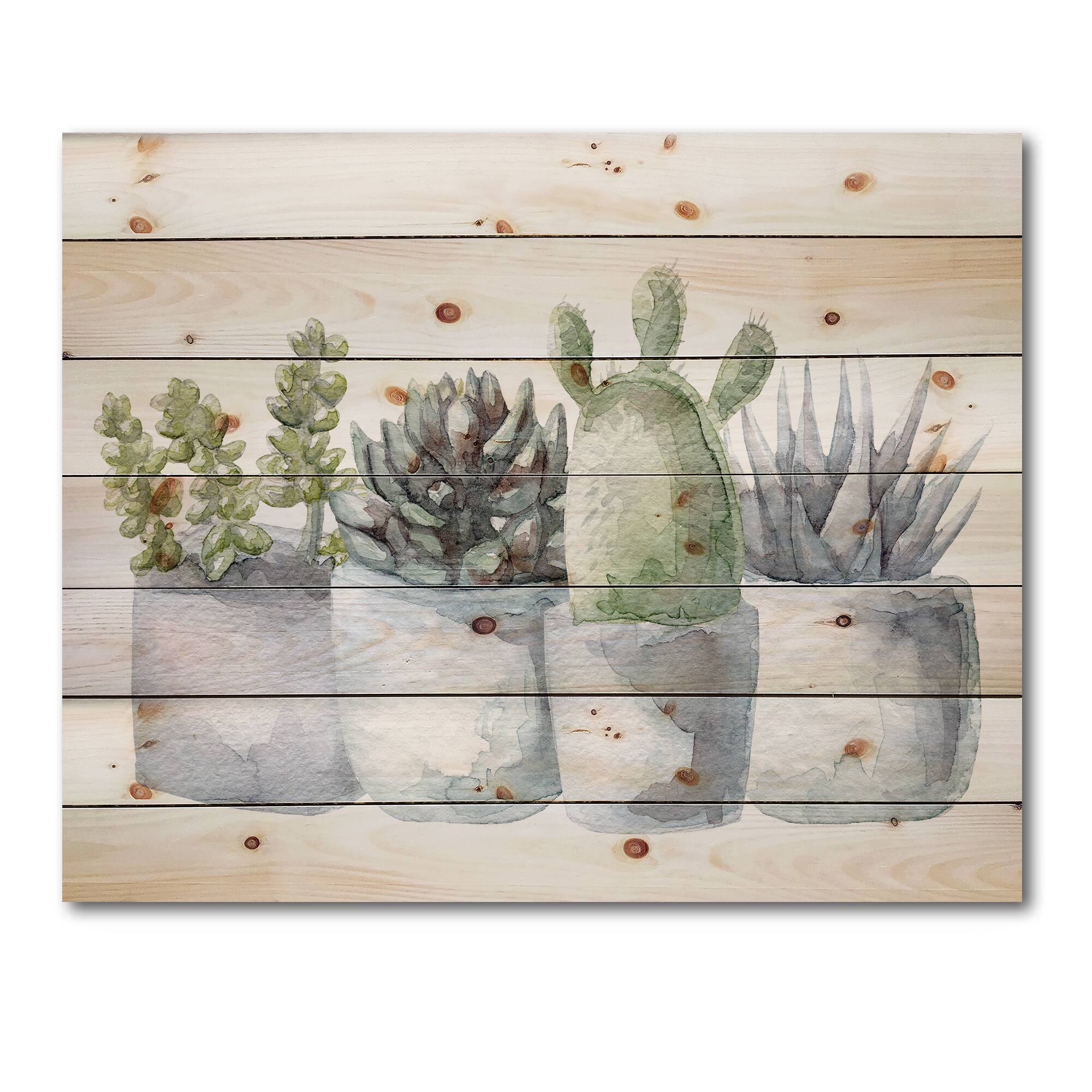 Designart - Cactus and Succulent House Plants I - Botanical Print on Natural Pine Wood