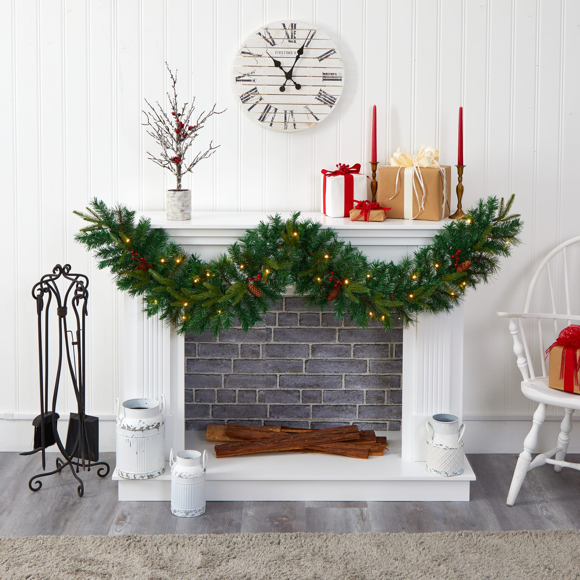 6ft. Pre-Lit Clear LED Mixed Pine, Berry &#x26; Pinecone Artificial Christmas Garland