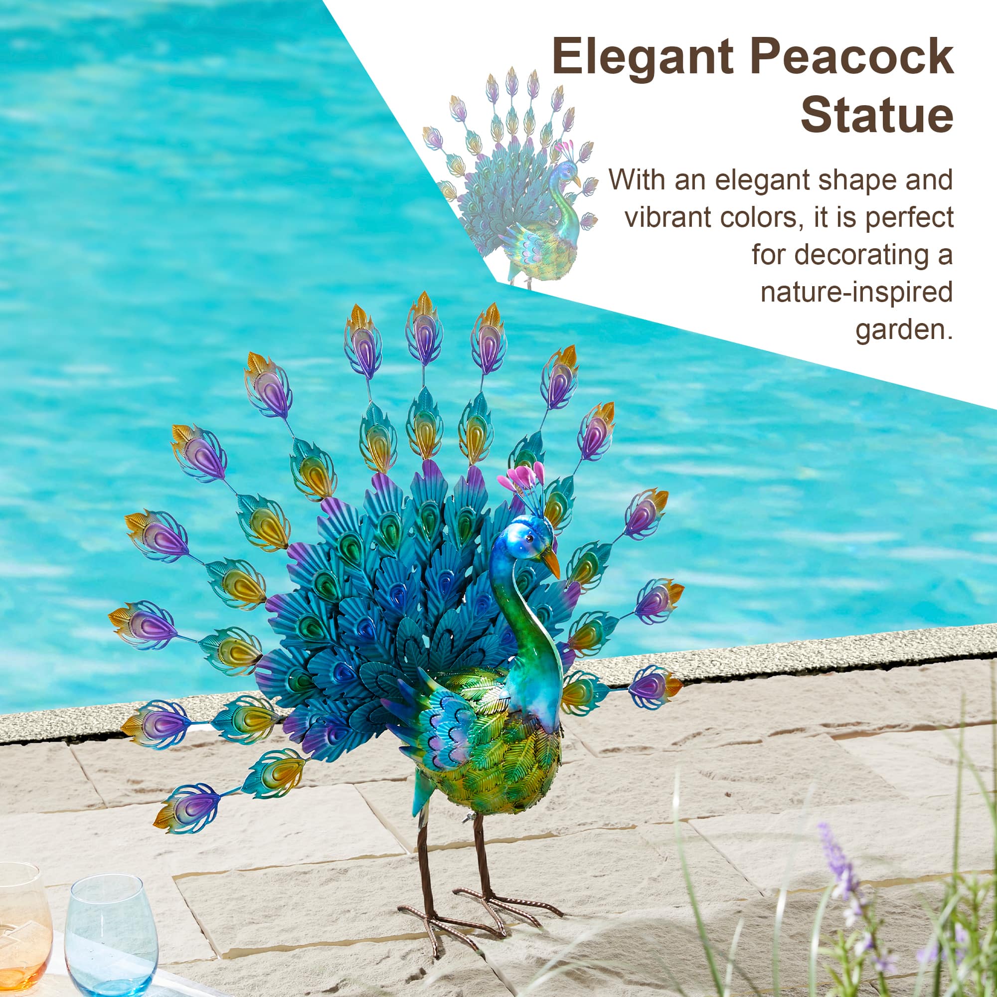 Glitzhome® 28.75" Metal Tail Spread Peacock Garden Statue with Stakes