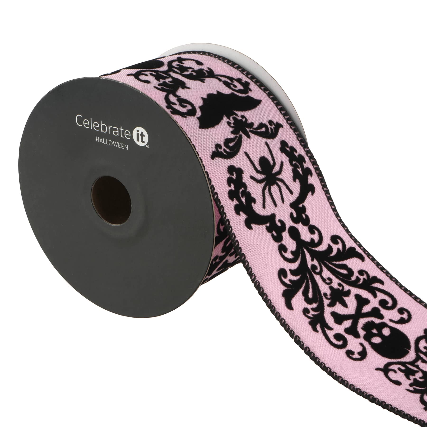 2.5&#x22; x 20ft. Black &#x26; Pink Flocked Damask Skulls Wired Ribbon by Celebrate It&#xAE; Halloween