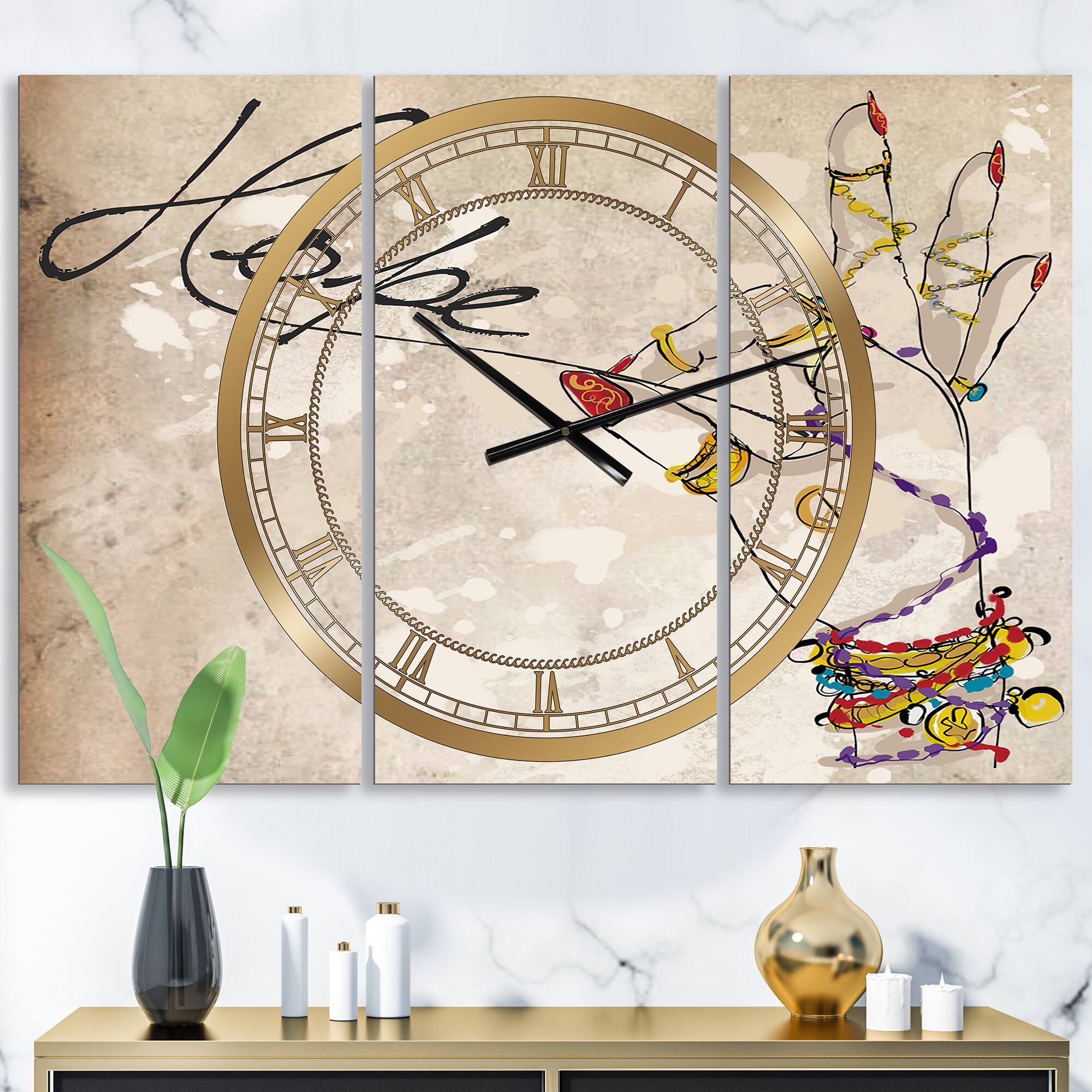 Designart &#x27;Gypsy Hippy Hand Hope Oversized Cottage Multipanel Wall Clock
