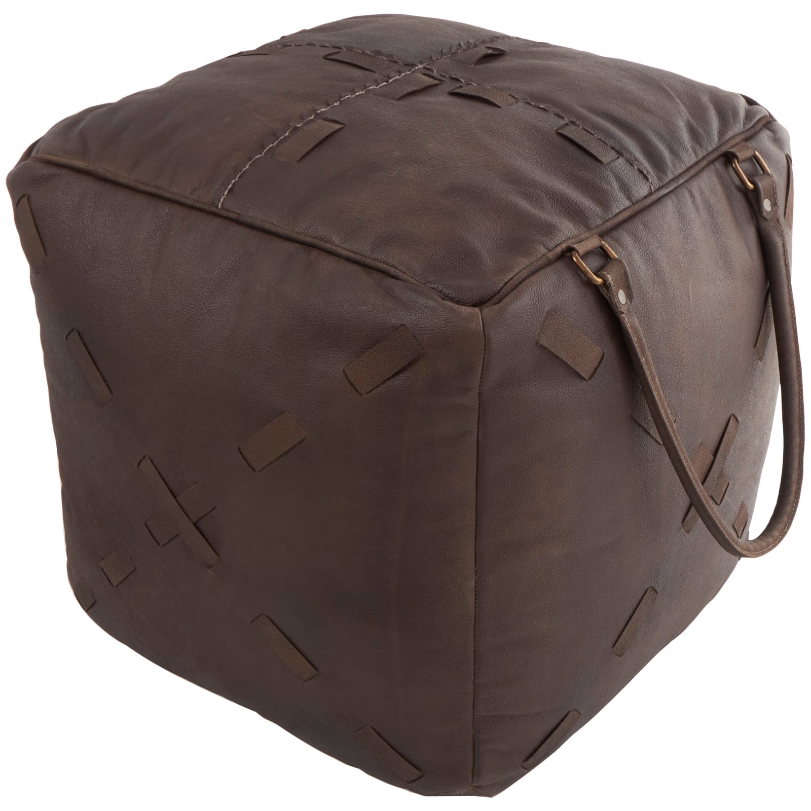 22" Leather Pouf with Woven Straps & Handles