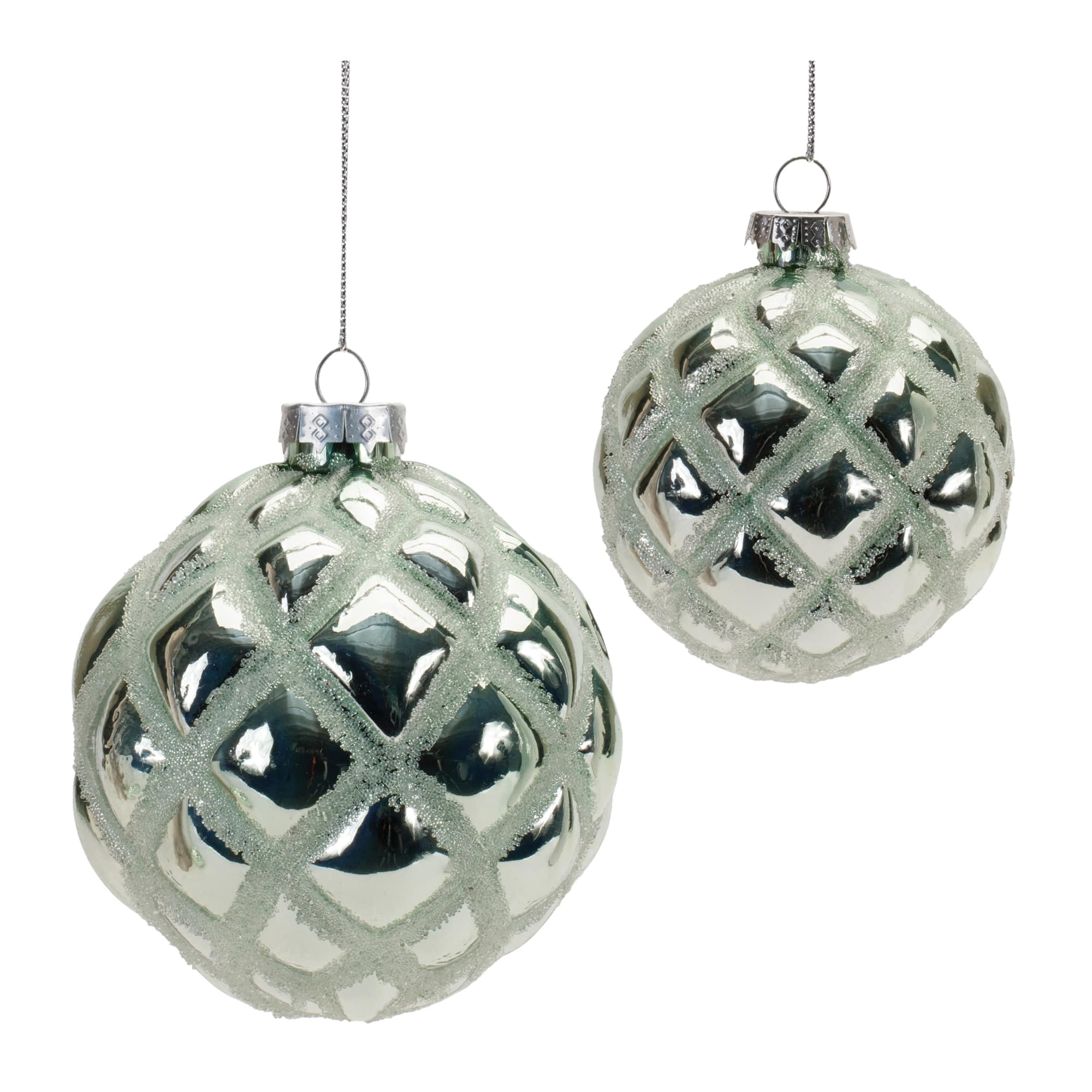 Green Beaded Harlequin Glass Ball Ornaments Set