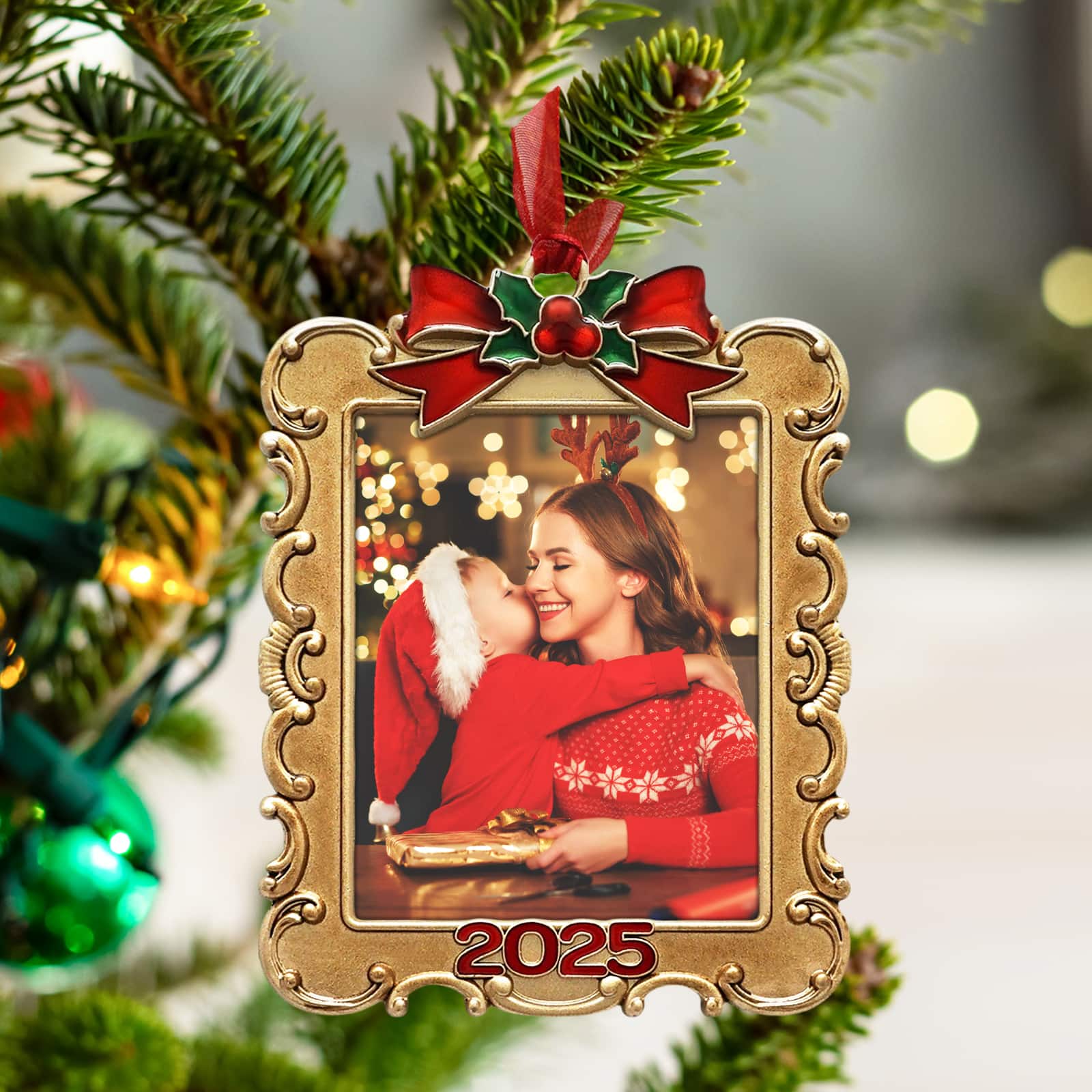 2&#x22; x 2.5&#x22; Gold with Holly &#x26; Bow Ornate Metal Ornament Frame by Studio D&#xE9;cor&#xAE;