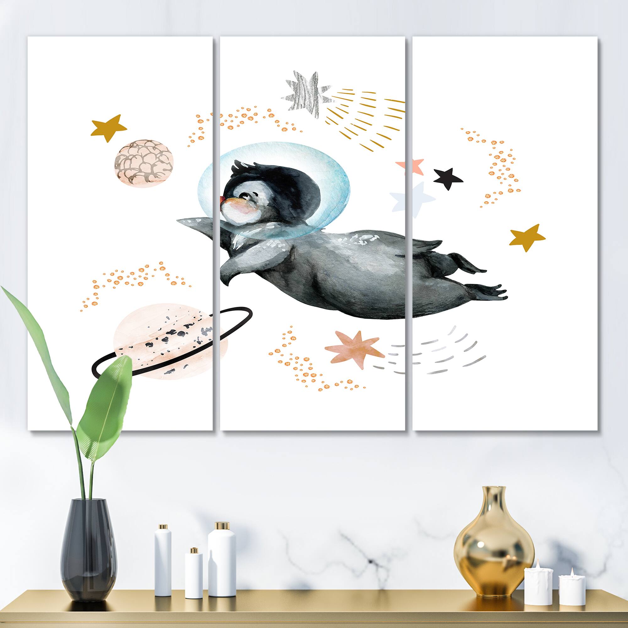 Designart - Little Penguin Flying Stars and Planets II - Farmhouse Canvas Wall Art Print