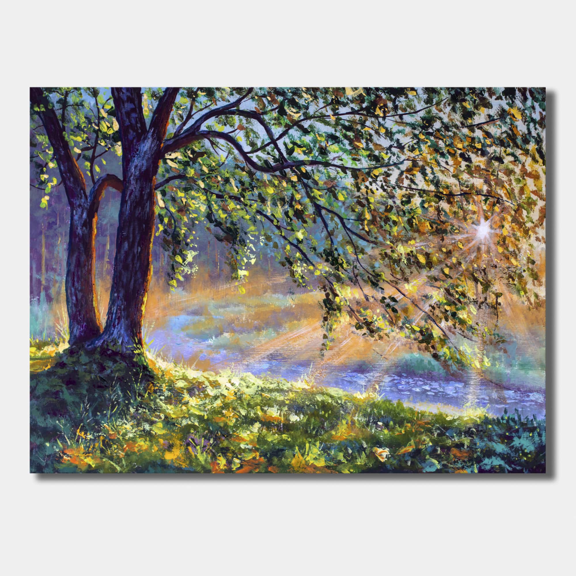 Designart - Tree By River First Rays Of Afternoon Sun - Farmhouse Canvas Wall Art Print
