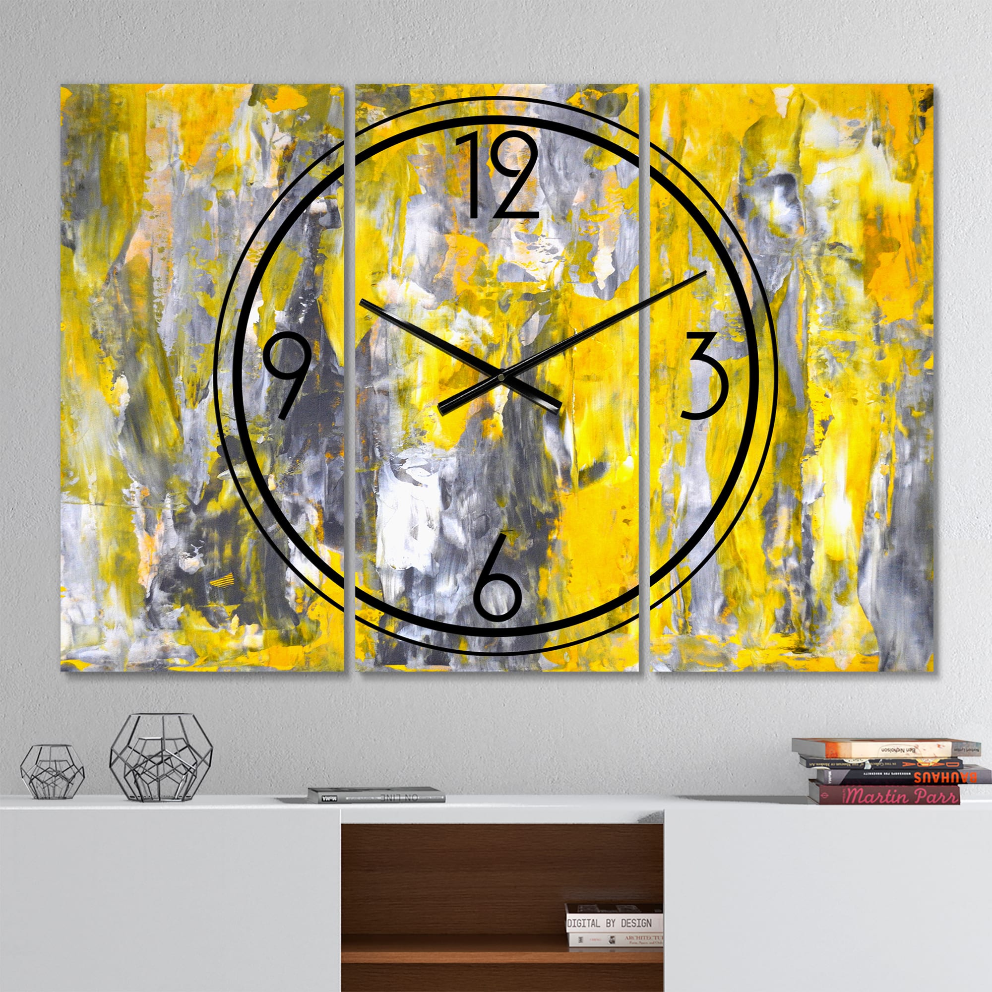 Designart Gray &#x26; Yellow Abstract Pattern Modern 3 Panel Wall Clock