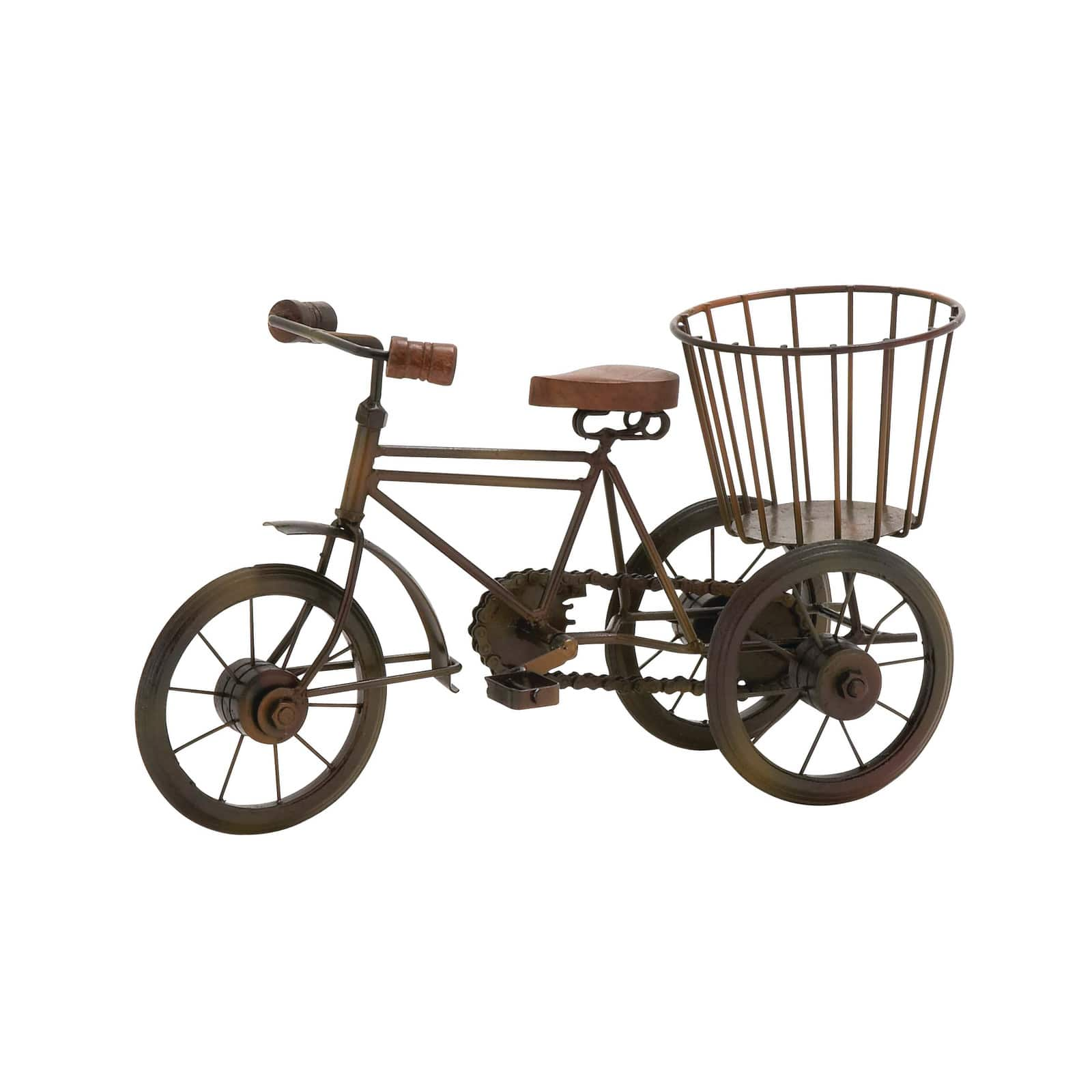 12&#x22; Vintage Brown Metal &#x26; Wood Tricycle Sculpture