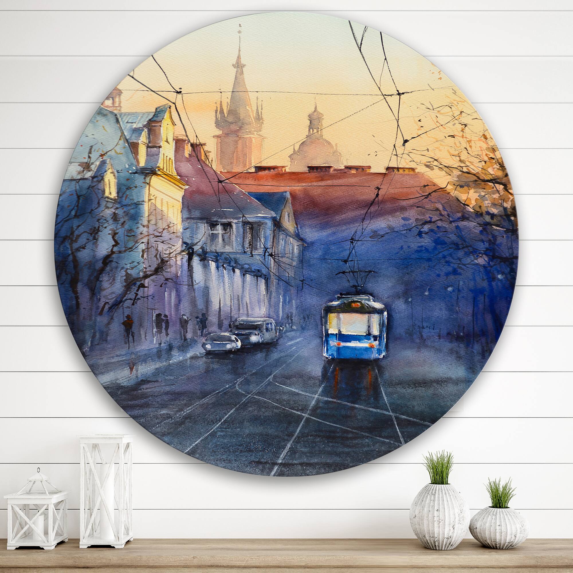 Designart - Blue Tram At Sunset With Church During Sunset - Nautical & Coastal Metal Circle Wall Art | 36" x 36" | Michaels®