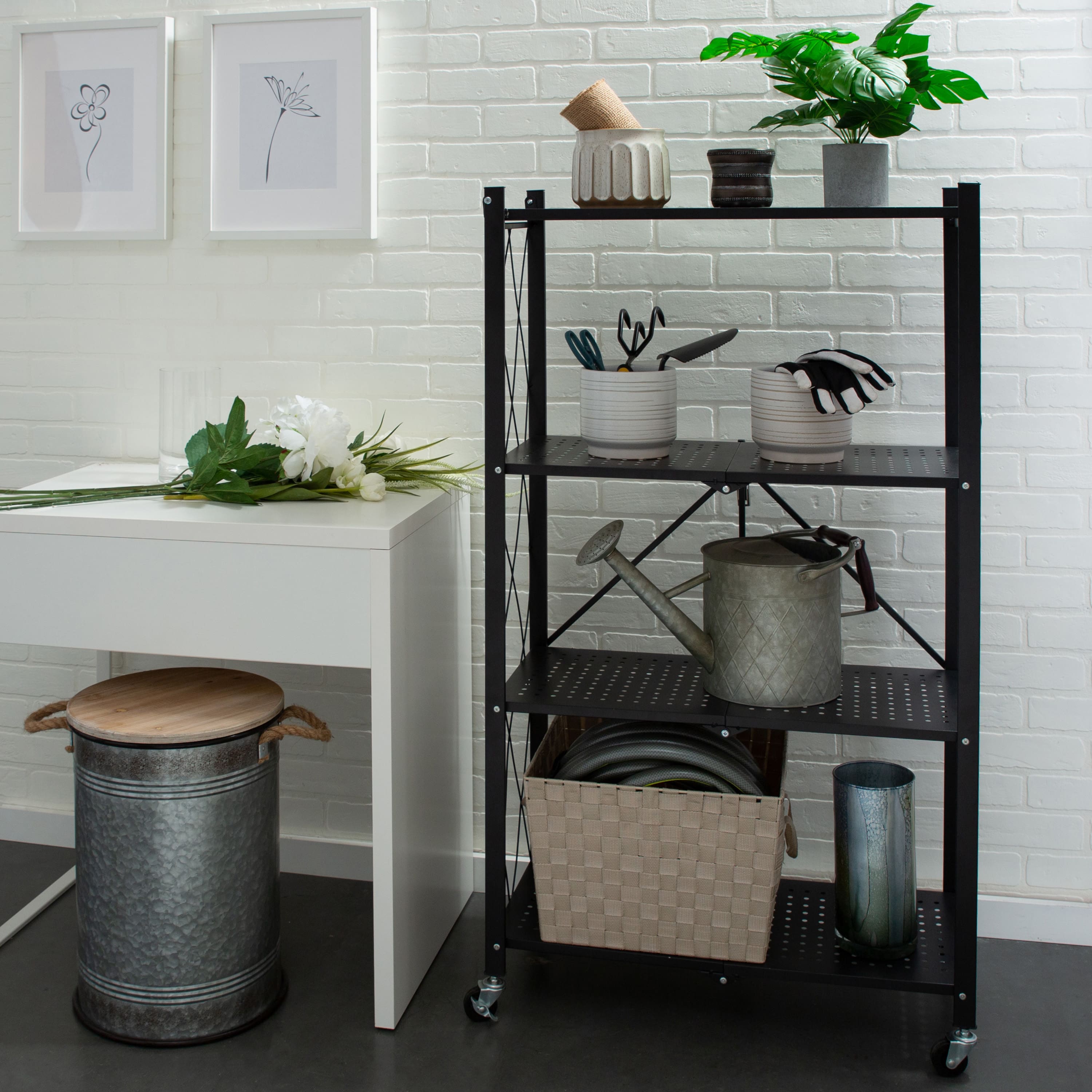 Organize It All Black 4-Tier Foldable Metal Rack with Wheels