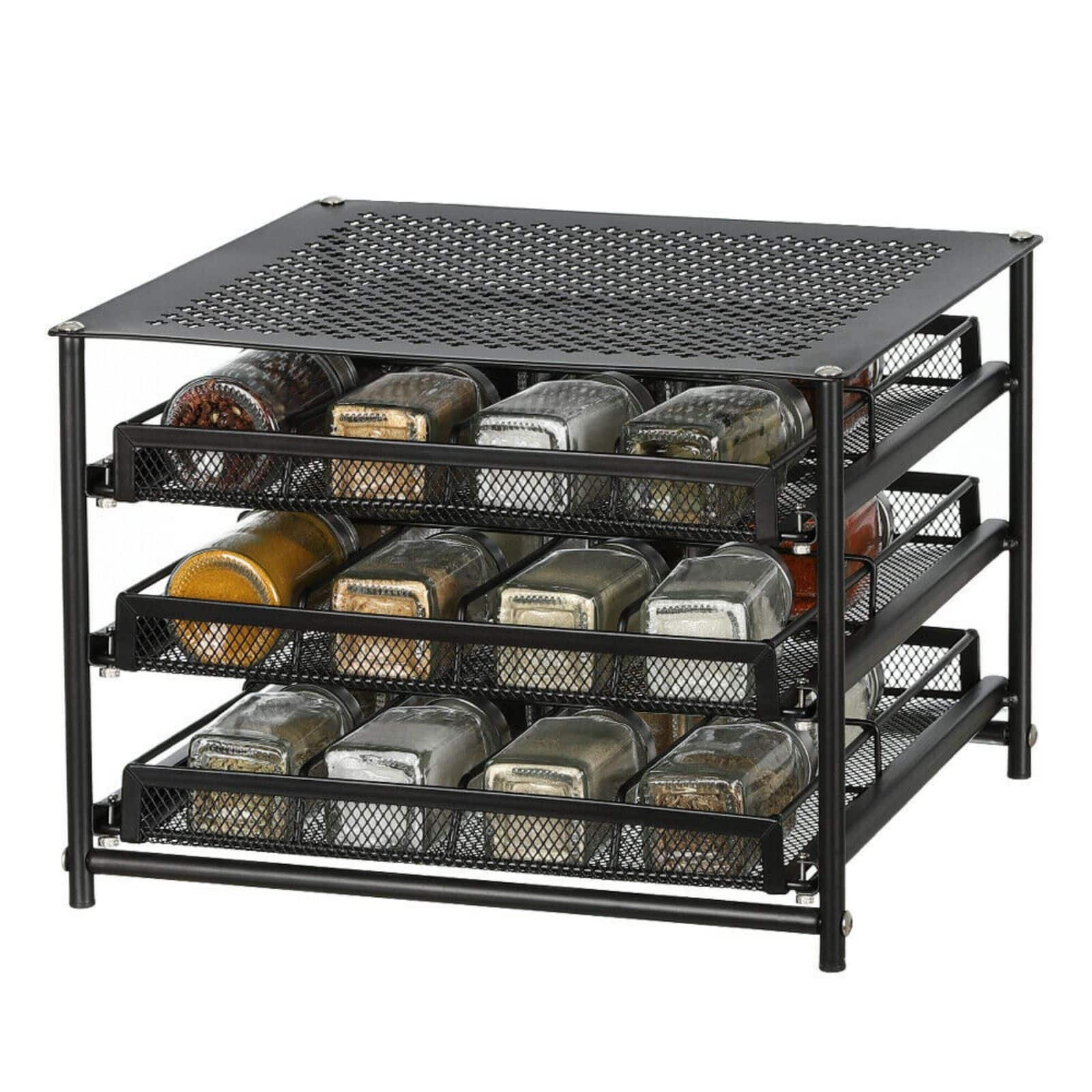 24-Bottle Spice Jar Storage Rack Drawer Kitchen 3 Tier Spice Jar Shelf w/  Labels