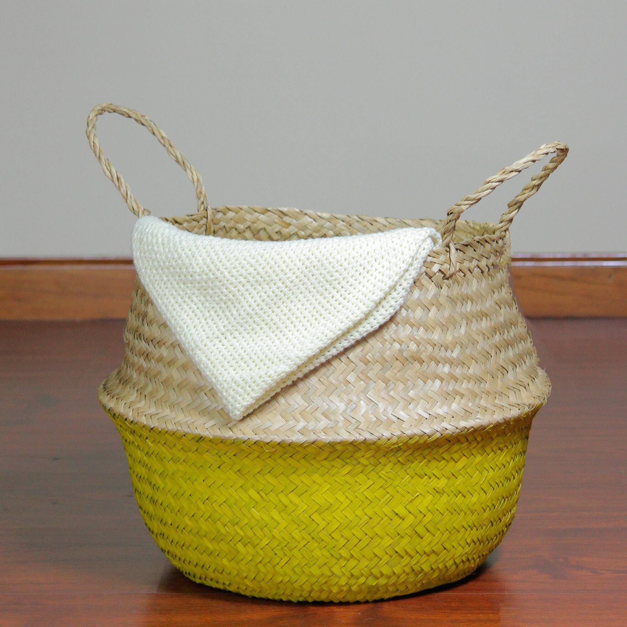 14.5&#x22; Beige &#x26; Yellow Large Seagrass Belly Basket with Handles