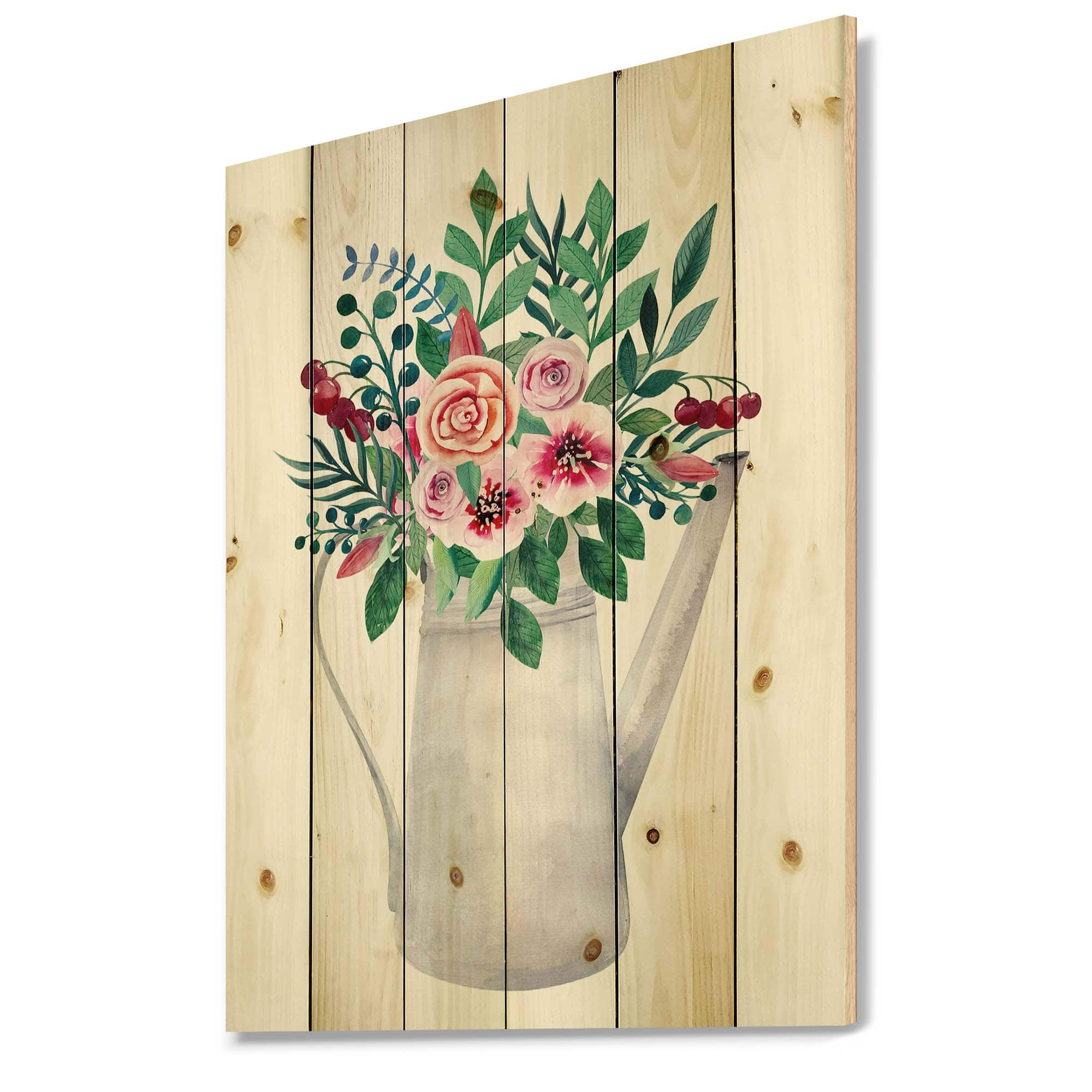 Designart - Bouquets of Flowers In Rustic Flowering Pot - Traditional Print on Natural Pine Wood