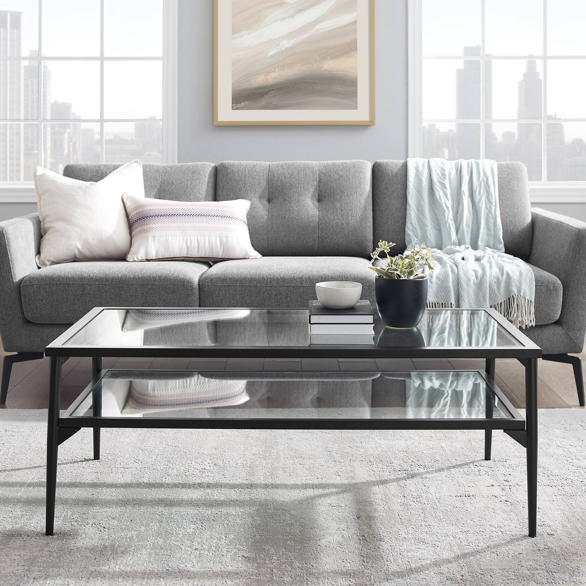 42&#x22; Black Two Tier Glass and Metal Coffee Table