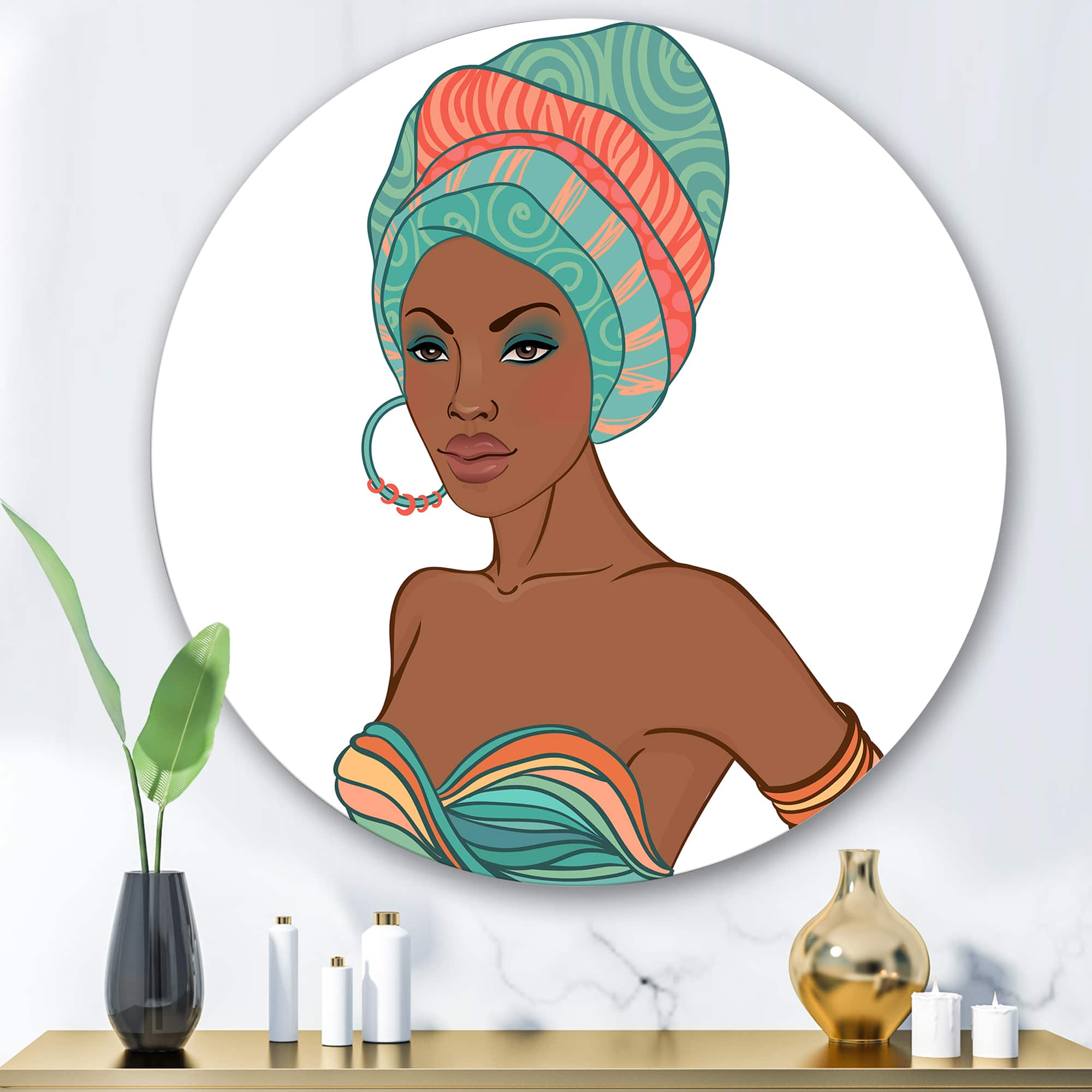 Designart - African American Woman With Earring &#x26; Turban - Modern Metal Circle Wall Art