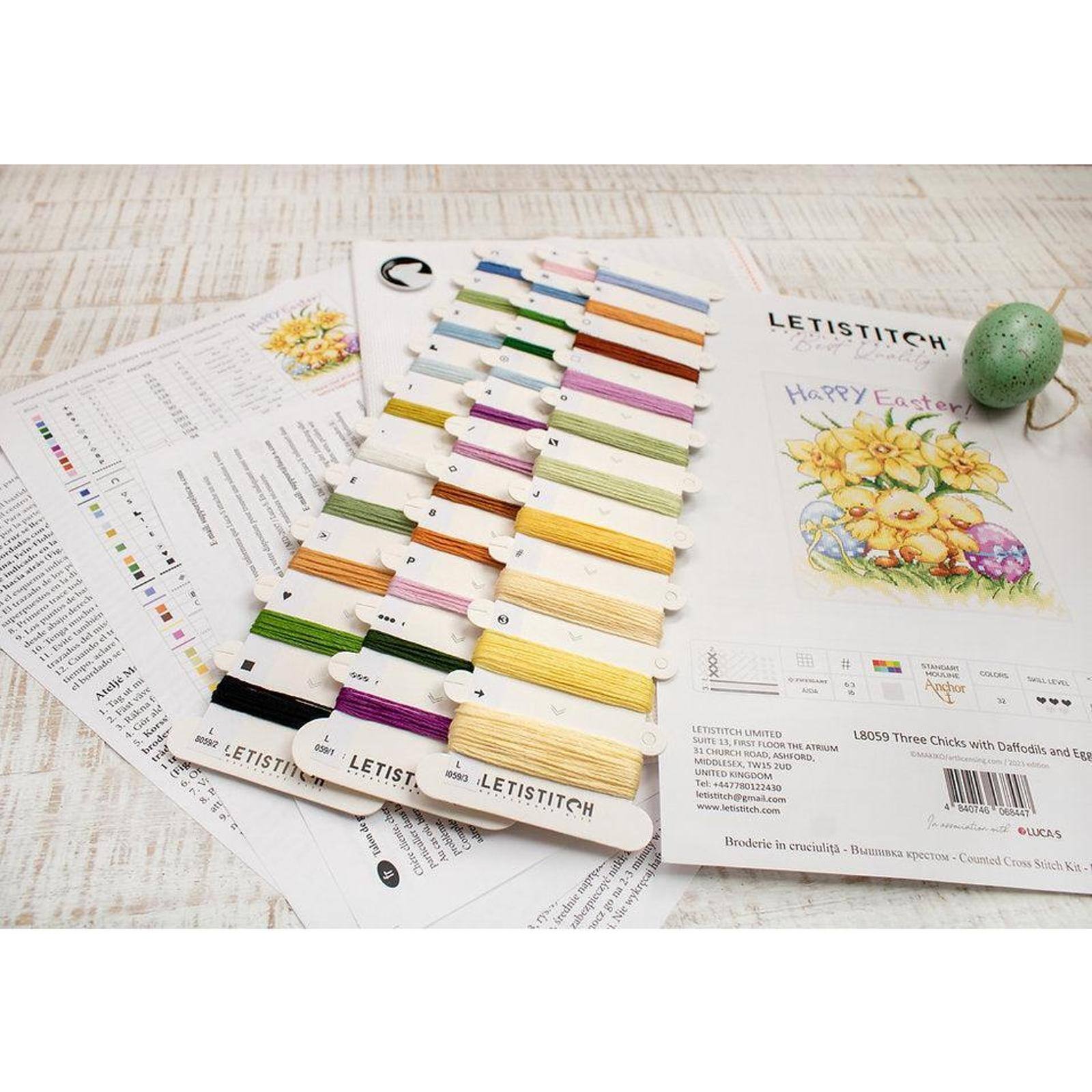 LetiStitch Three Chicks with Daffodils & Egg Counted Cross Stitch Kit