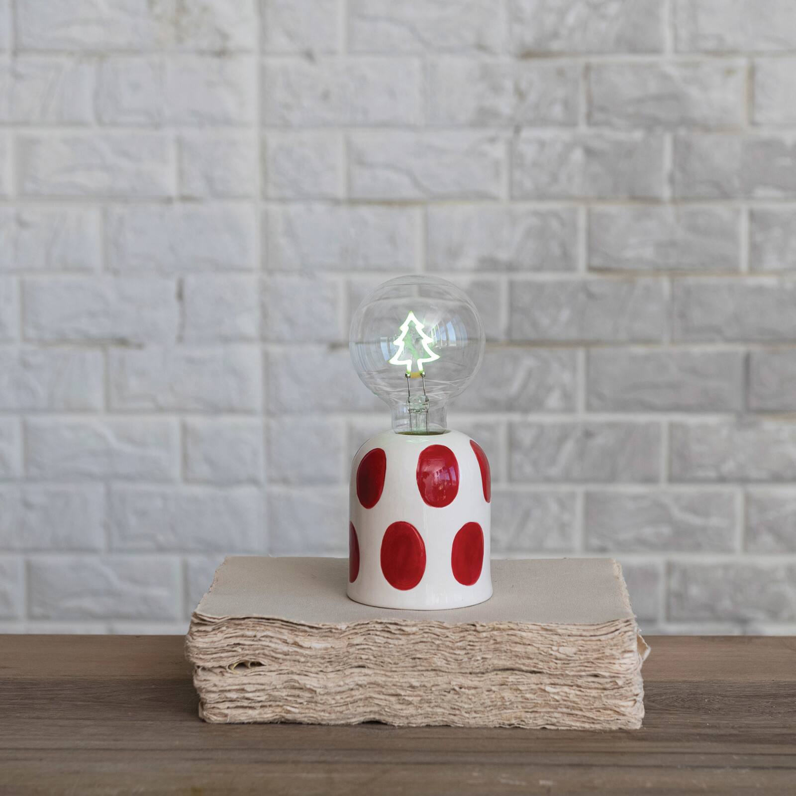 Hello Honey&#xAE; 7.25&#x22; White &#x26; Red Dots Stoneware Lamp with Tree Shaped LED Filament Lightbulb