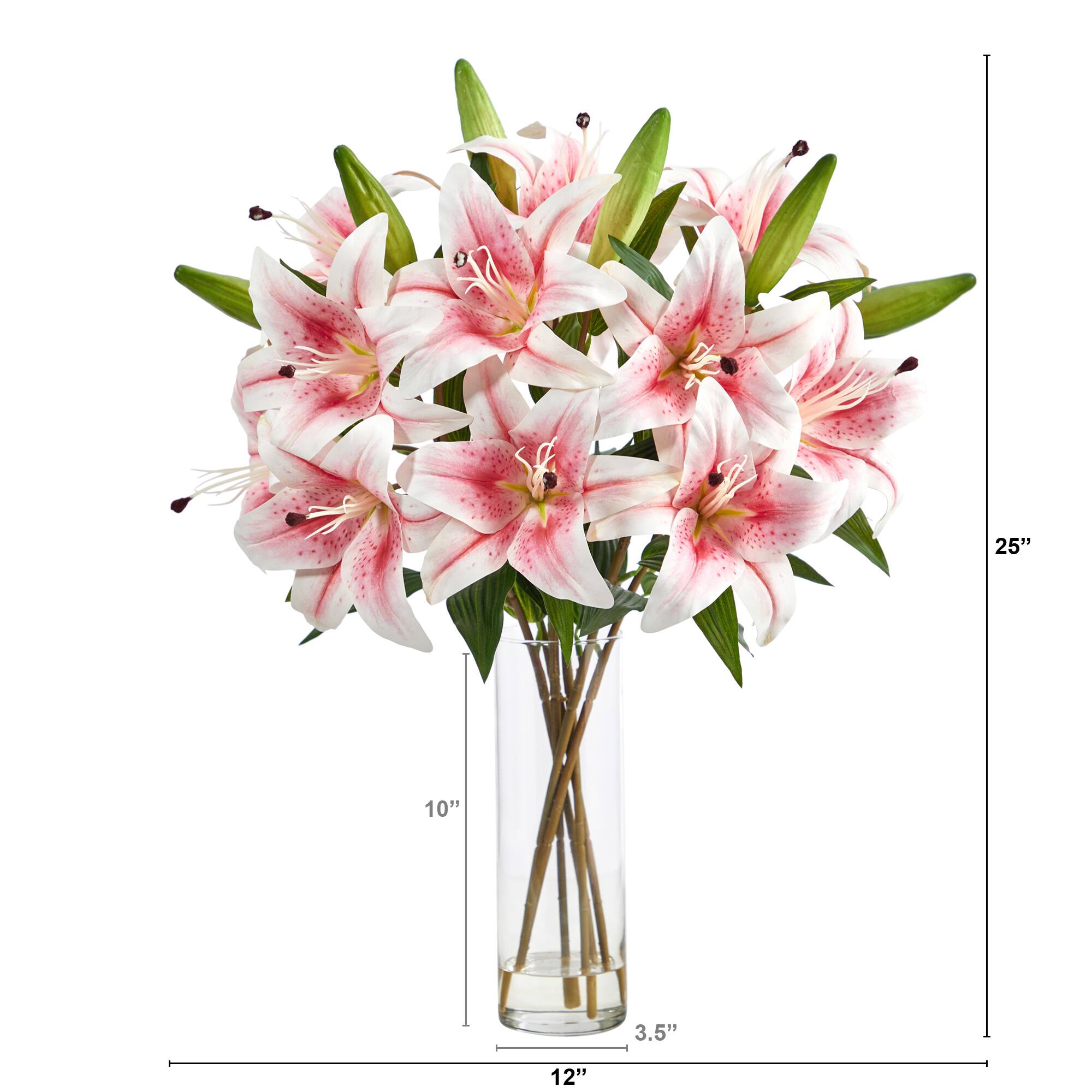 25" Artificial Pink Lily Arrangement with Cylinder Glass Vase