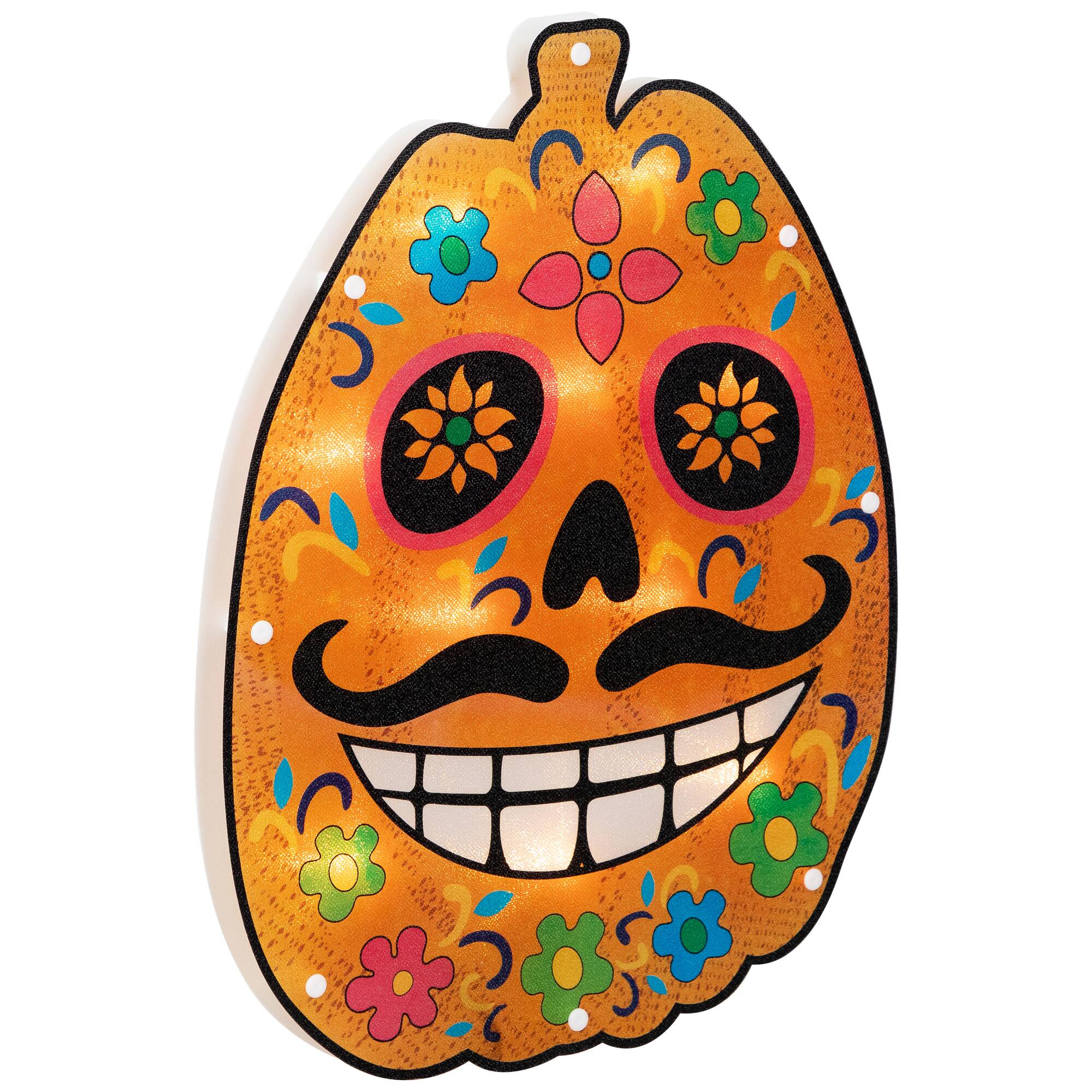 15" Lighted Sugar Skull Pumpkin Halloween Window Silhouette