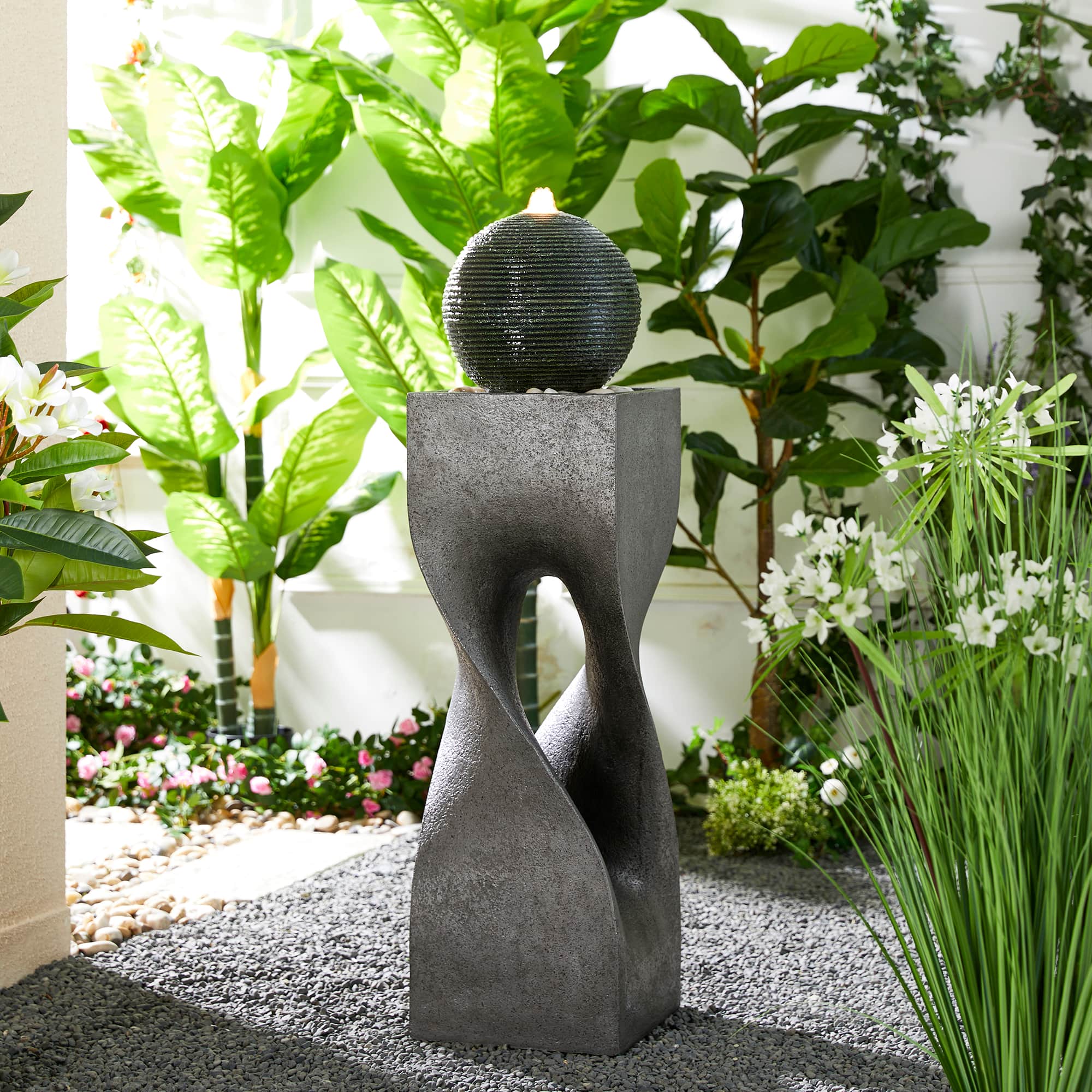 Glitzhome® 40.5" Oversized LED Geometric Pedestal & Sphere Outdoor Floor Fountain