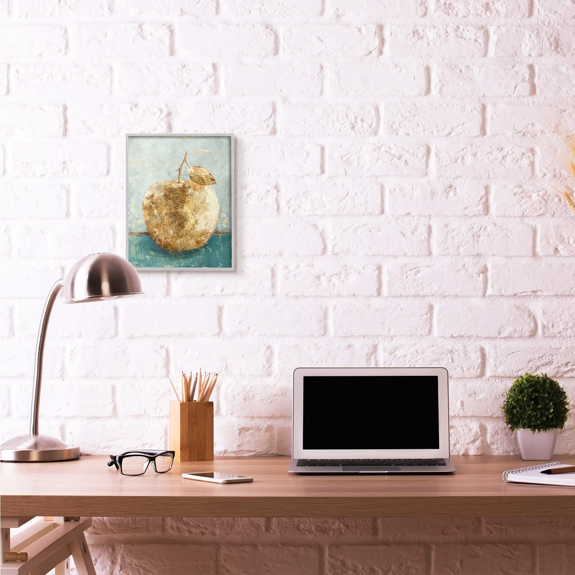 Stupell Industries Golden Apple Painting Wall Art in Gray Frame