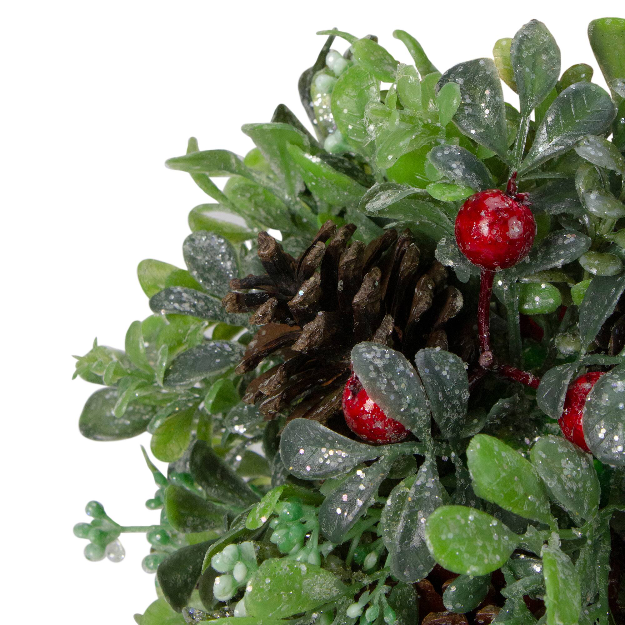 7&#x22; Green &#x26; Red Glitter Berry Pine Cone Topiary Ball Ornament