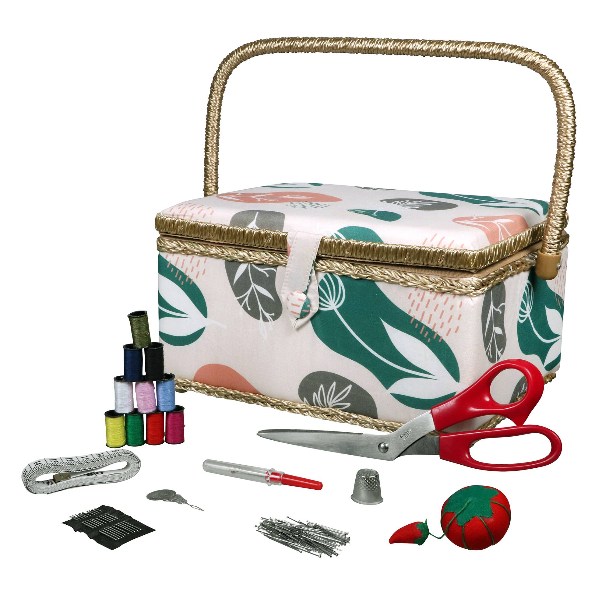 SINGER® Large Tan Organic Print Sewing Basket with Sewing Scissors & Notions