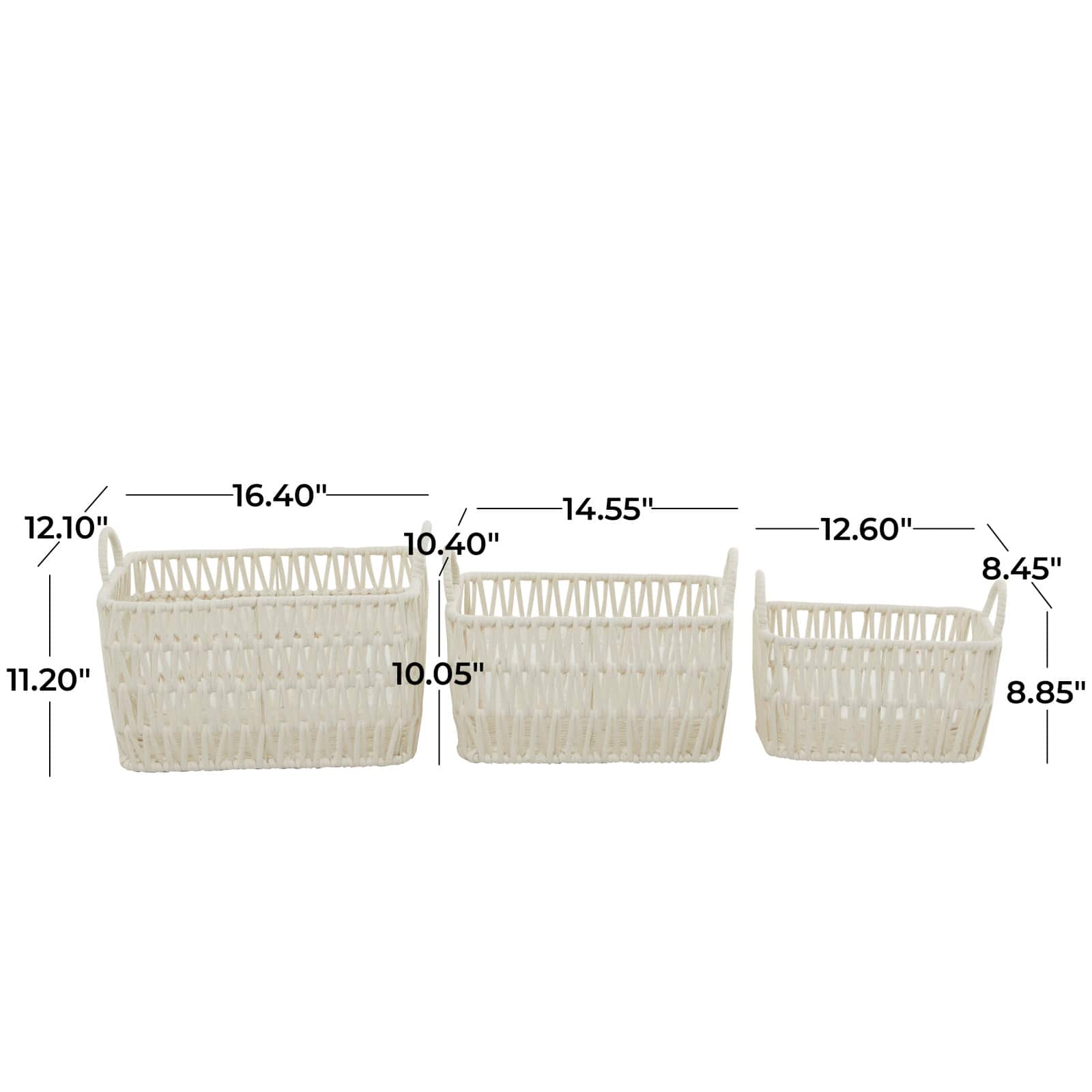 White Cotton Handmade Storage Basket with Handles Set of 3 11", 10", 9"