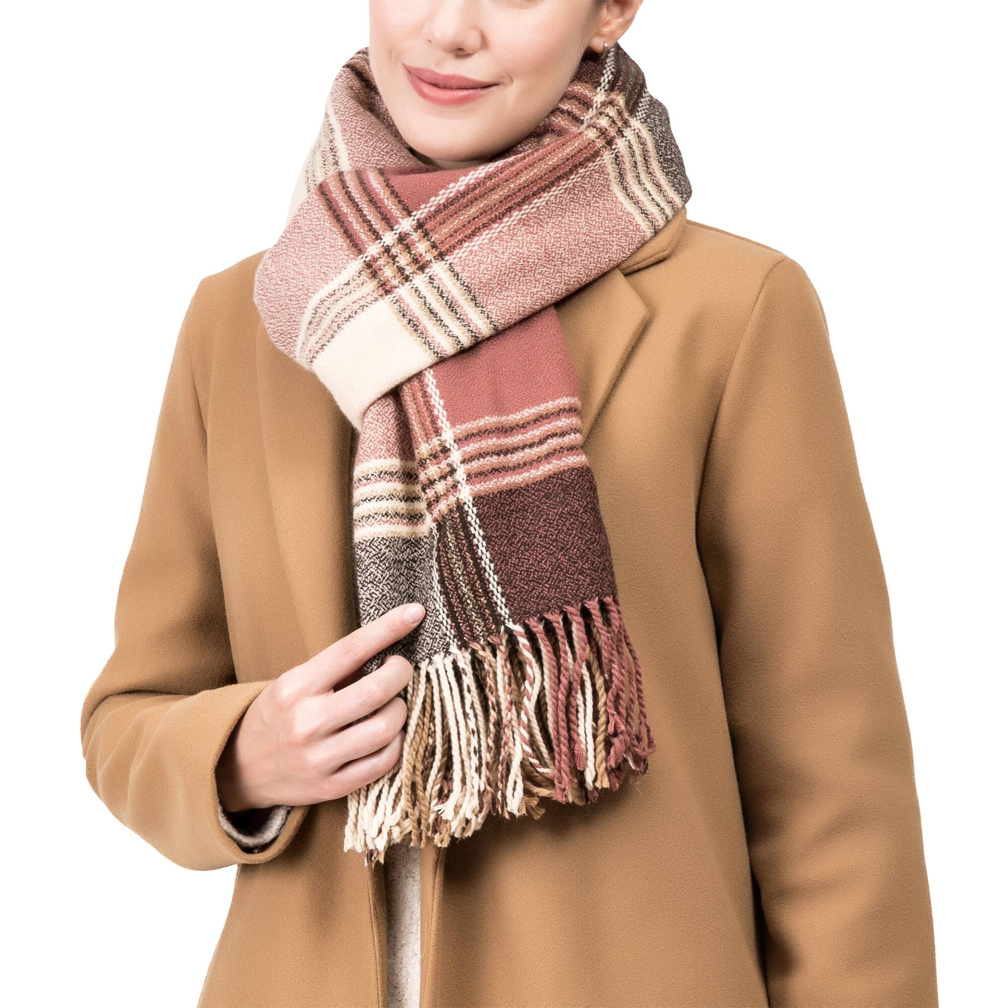 Glitzhome&#xAE; 77&#x22; Pink, Cream &#x26; Gray Plaid Scarf with Tassels