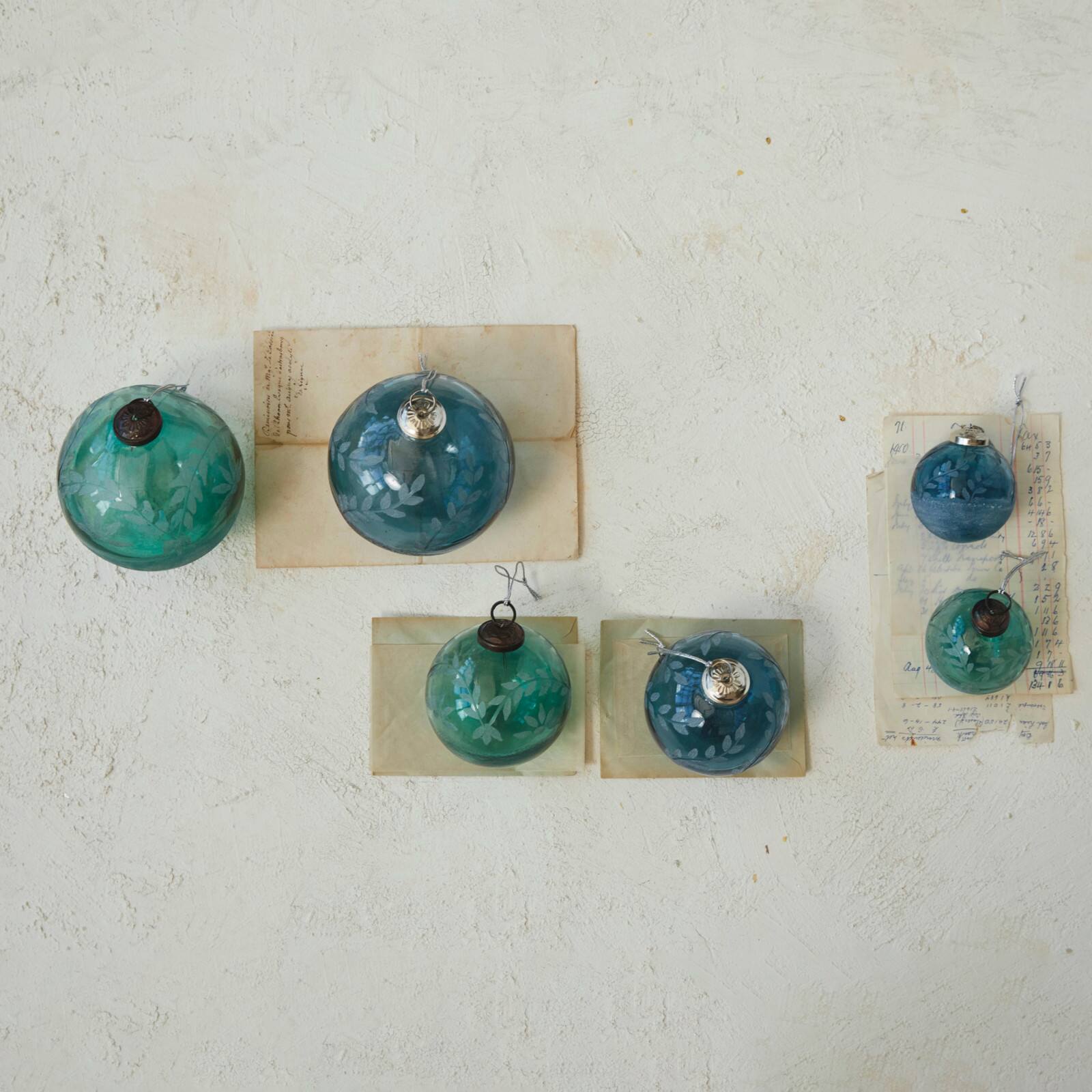 Hello Honey&#xAE; 12 Pack 3&#x22; Blue &#x26; Green Etched Leaves Ball Glass Ornaments