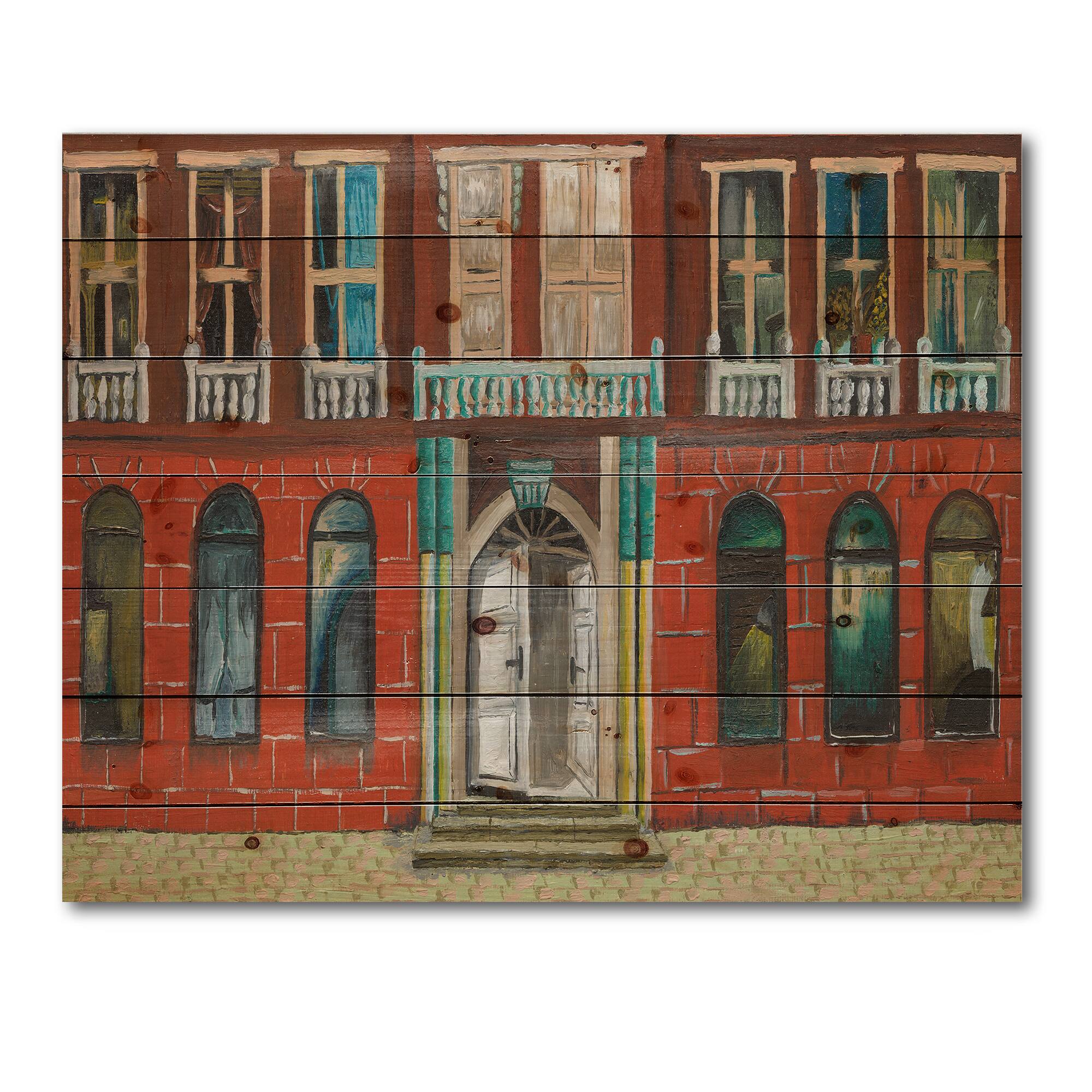 Designart - Red Facade of Shop In Paris II - French Country Print on Natural Pine Wood
