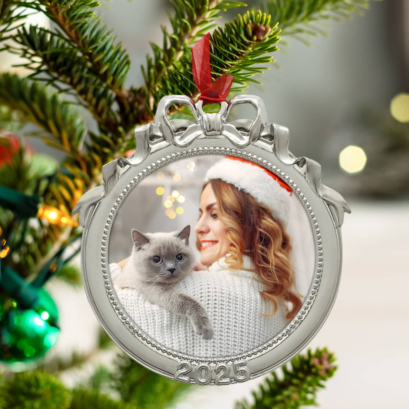 2.5&#x22; x 2.5&#x22; Silver Round Ribbon 2025 Metal Ornament Frame by Studio D&#xE9;cor&#xAE;