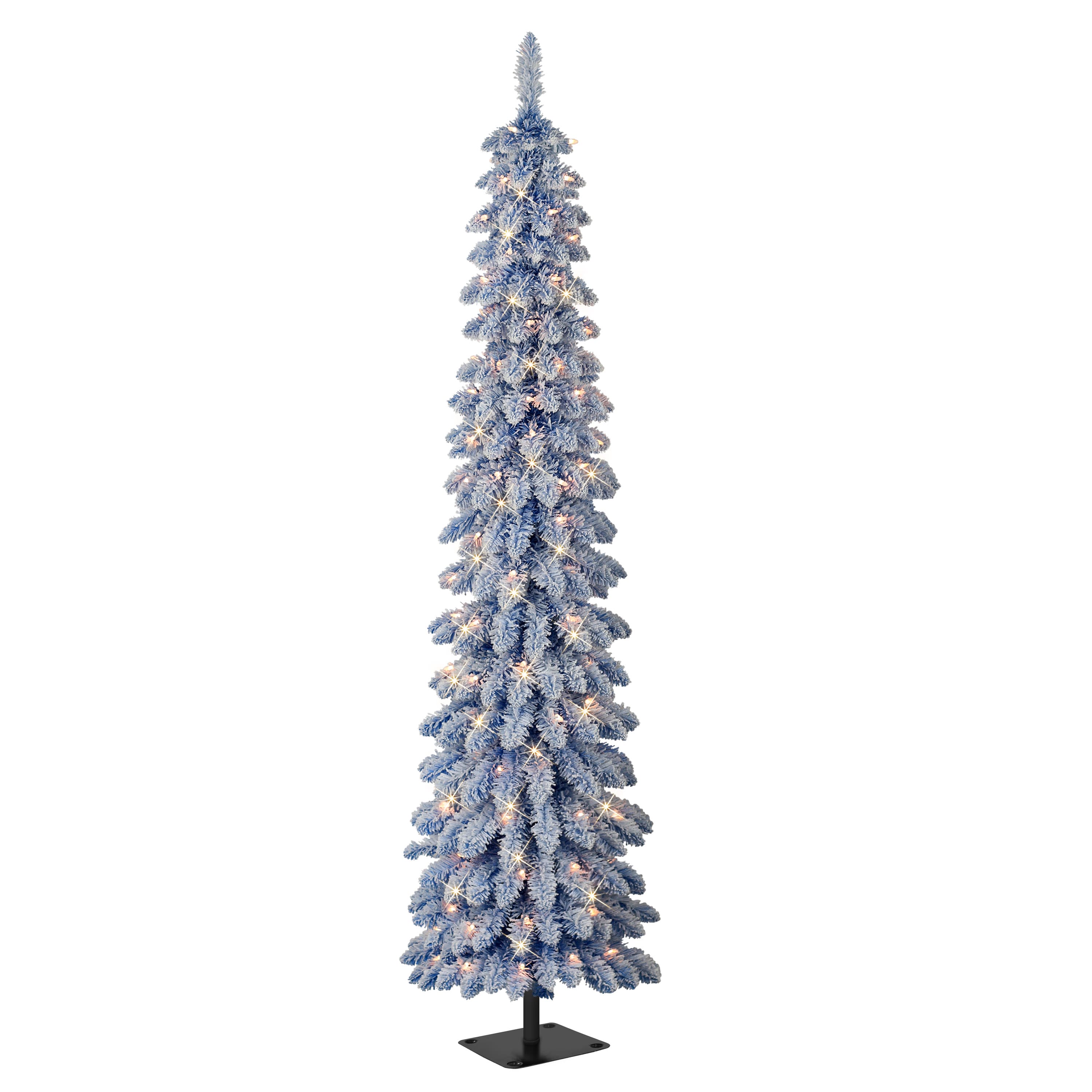 7ft. Pre-Lit Flocked Blue Artificial Alpine Pencil Christmas Tree, Clear Lights