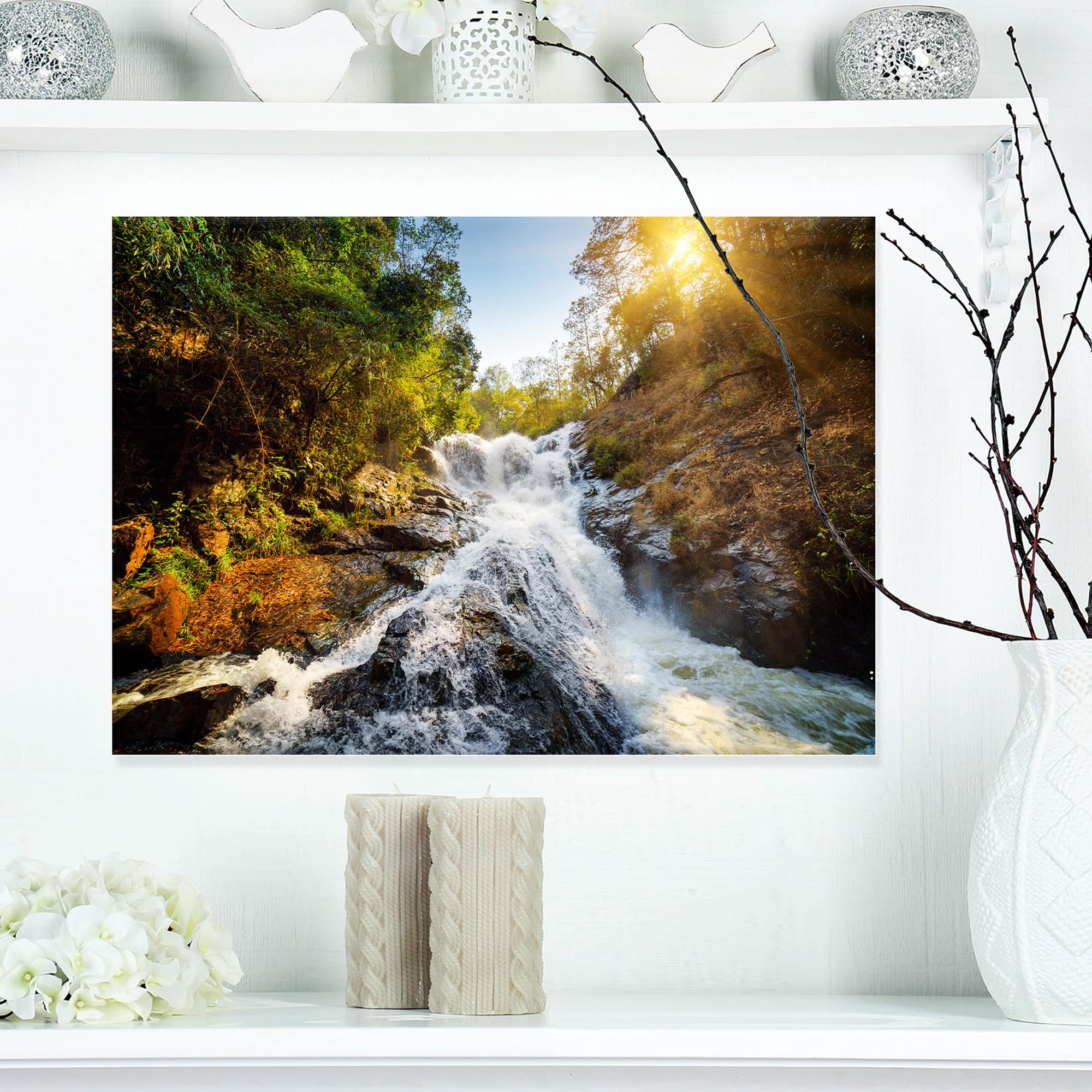 Designart - Waterfall through the Forest - Landscape Canvas Art Print