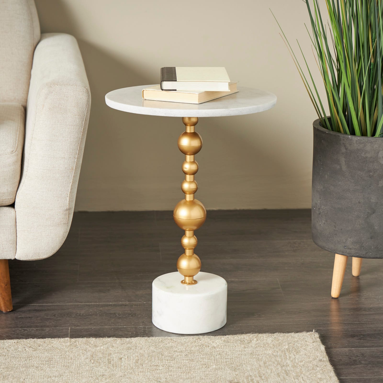 White Marble Geometric Accent Table with Gold Metal Bubble Stand