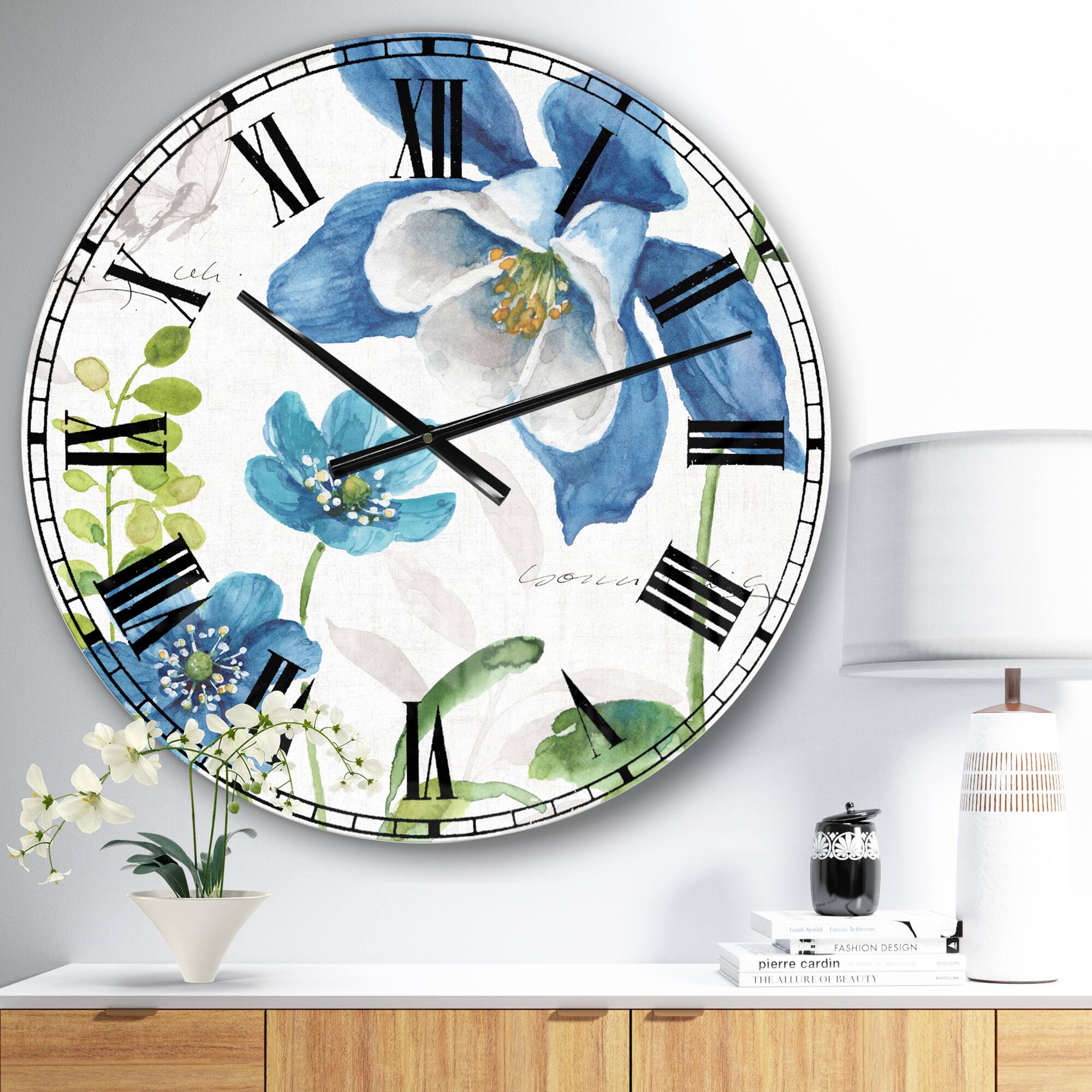 Designart 'Blue Columbine Flowers With Butterfly Traditional Wall Clock
