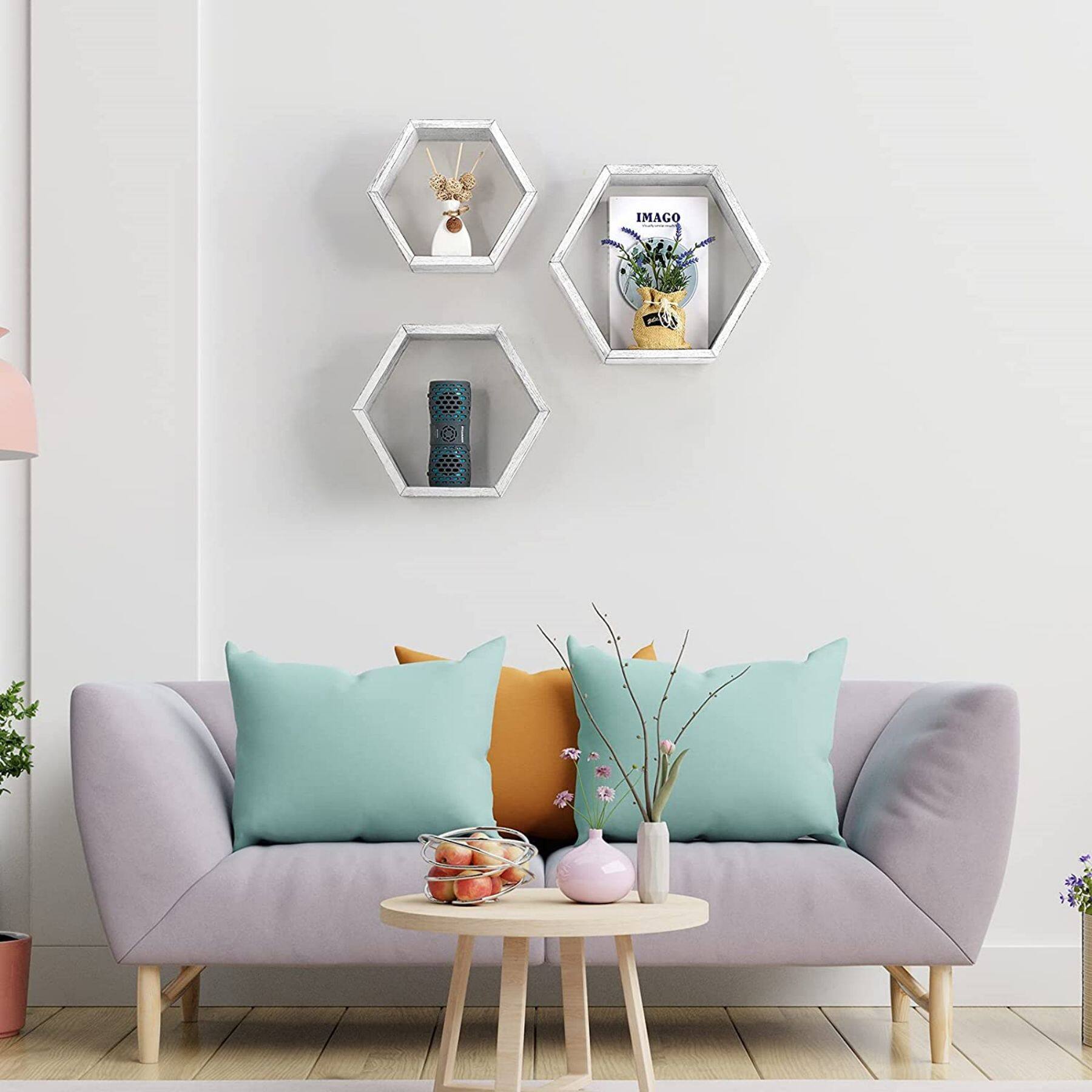 Rustic Gray Floating Hexagonal Shelf Set