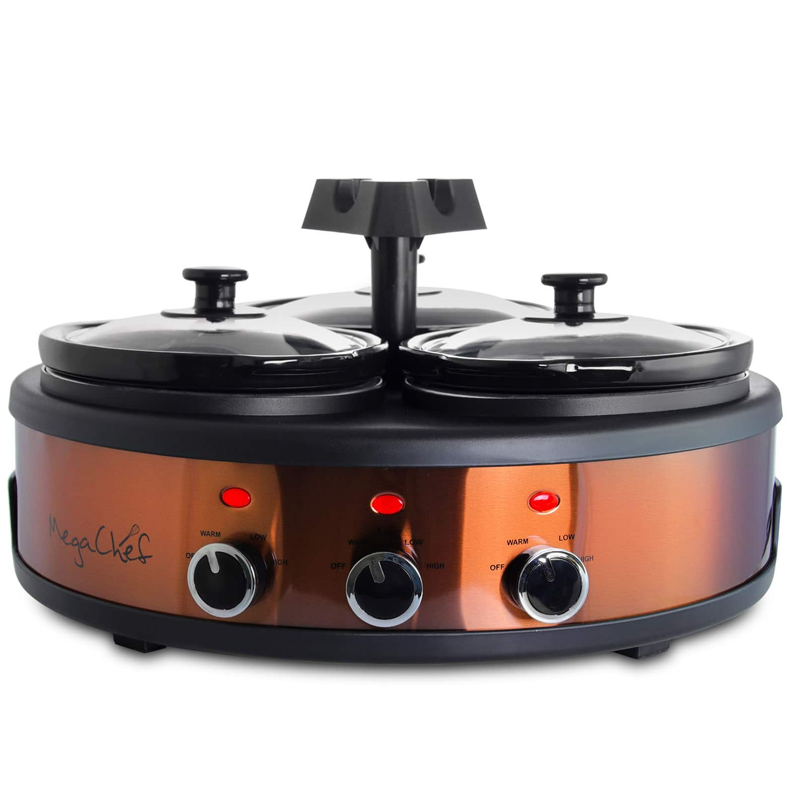 MegaChef Brushed Copper & Black Round Triple 1.5qt. Slow Cooker & Buffet Server Finish With 3 Ceramic Cooking Pots & Removable Lid Rests